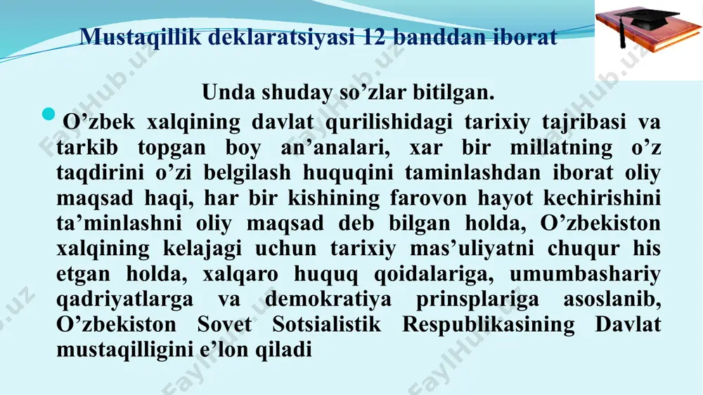 jtimoiy-siyosiy voqealarni, davlat to‘ntarishiga antikonstitutsiyaviy urinish oqibatlarini tahlil qilib, ular o‘zbekiston taqdiriga, xalqimiz taqdiriga bevosita daxldor ekanligini har tomonlama asoslab berdi. prezident i.a. karimov o‘zbekiston respublikasining davlat mustaqilligini e’lon qildi va uni mustaqillik to‘g‘risidagi qonun bilan mustahkamlashni taklif etdi. oliy kengash sessiyasi „o‘zbekiston respublikasining davlat mustaqilligini e’lon qilish to‘g‘risida“ qaror qabul qilib, o‘zbekiston respublikasining davlat mustaqilligi to‘g‘risidagi oliy kengash bayonotini tasdiqladi va respublikani bundan keyin o‘zbekiston respublikasi deb atashni belgilab qo‘ydi. 1 sentabr o‘zbekiston respublikasining mustaqillik kuni deb belgilansin va 1991 yildan boshlab bu kun bayram va dam olish kuni deb e’lon qilinsin. 1991-yil 31-avgustdagi oliy kengash bayonotidan o‘zbekiston respublikasining davlat mustaqilligi to‘g‘risida oliy kengash bayonoti“ qabul qilindi. o‘tmishdan saboq chiqarib va ssr ittifoqining siyosiy hamda ijtimoiy hayotidagi o‘zgarishlarni e’tiborga olib, xalqaro huquqiy hujjatlarda qayd etilgan o‘z taqdirini o‘zi belgilash huquqiga asoslanib, o‘zbekiston xalqlarining taqdiri uchun butun mas’uliyatni anglab, shaxsning huquq va erkinliklari, mustaqil davlatlar o‘rtasidagi chegaralarning buzilmasligi to‘g‘risidagi xelsinki …