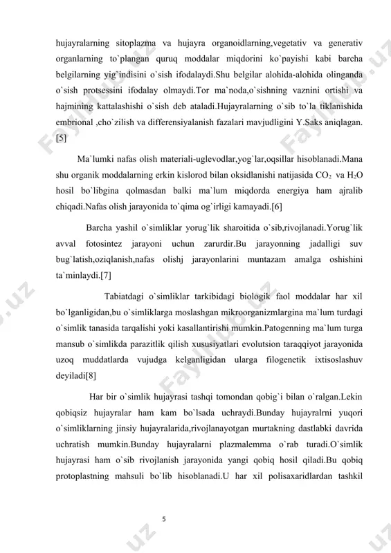 vaqtda o`sish va rivojlanish bir-biridan farq ham qiladi [10]. o`sish jarayonining boshqarilish mexanizmi o`simliklar ontogenezini tavsiflovchi eng muhim jarayonlar o`sish va rivojlanishdir.ular o`simlik tanasidagi barcha hayotiy reaksiyalarning natijasi hisoblanadi.bu jarayonlar bir-biriga uzviy bog`liq bo`lib,faqat o`sish asosida rivojlanish va rivojlanish asosida o`sish tavsiflanadi.natijada ikkalasi o`simlikning hayotiy siklini belgilaydi.biroq ayni vaqtda o`sish va rivojlanish bir-biridan farq ham qiladi. o`sish-bu o`simiklar bo`yi va eni tobora ortib ,umumiy massasining oshishidir.bunday o`sish orqasiga qaytmaydi.chunki yangidan-yangi hujayralar,to`qimalar va organlar vujudga kelib,protoplazma va undagi organoidlar to`xtovsiz shakllanib turadi. rivojlanish-o`simlik hayotiy siklini tavsiflovchi yoshlik,voyaga yetish,ko`payish,qarish va o`lish arafalaridagi sifatiy morfologik va fiziologik o`zgarishlarni o`z ichiga oladi. bu jarayonlarning o`zaro nisbati o`zgarib turishi mumkin.masalan,ayrim o`simliklarda o`sish ancha faol,rivojlanish esa juda sekin borishi mumkin. o`sish juda faol kechadigan o`simliklar tanasi odatda yirik,o`sish sekin va rivojlanish faol bo`lgan o`simliklar,aksincha kichik bo`ladi.bunday o`zgarishlar o`simlik turlariga,navlariga,xususiyatlariga,ichki va tashqi omillarning ta`siriga bog`liq. o`sish va rivojlanish umumiy bir yaxlitlikni tashkil etib,o`simlik tanasida kechadigan fiziologik va …