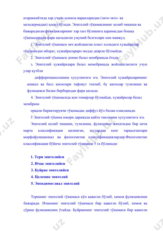 инг махсус тузилмаларига: хилпилловчи киприкчалар, ичак энтероцит хужайраларида микроворсинкалар киради. хужайра ядросининг шакли хужайранинг шаклига боғлиқ бўлиб, кўпинча думалоқ ва ясси бўлади. митохондриялар калта таёқча шаклида бўлиб, хужайра ядроси атрофида жойлашади. оқсил синтезида иштирок этадиган хужайрада донадор эндоплазматик тўр яхши ривожланган бўлиб, кўпинча хужайранинг базал қисмида ва ядро атрофида жойлашади. секреция процессида қатнашадиган хужайраларда гольжи комплекси кучли ривожланган бўлиб, хужайра ядросининг устида ётади. эпителий хужайралари базал мембранада жойлашганлиги сабабли, уларда иккита қутб тафовут қилинади: базал ва апикал қутблар. бу иккала қутблар тузилиши жихатидан бир-биридан фарқ қилади. апикал қисм турли махсус тузилмалар мавжудлиги ва турли секретор киритмаларнинг мавжудлиги базал қутубдан фарқланиб туради. эпителий тўқимасининг хужайралари ўзаро десмосомалар, интердигитация ва цементловчи модда ёрдамида боғланади. бир қаватли ясси эпителийга мезотелий ва эндотелий киради. мезотелий тананинг иккиламчи бўшлиғи ёки бўшлиқни ҳосил қилувчи мезодерманинг хосиласидир. мезотелий сероз пардалар - плевра ва қорин пардасининг париетал ва висцерал варақларини, юрак олди халтачаси деворларини қоплаб туради. эндотелий қон …
