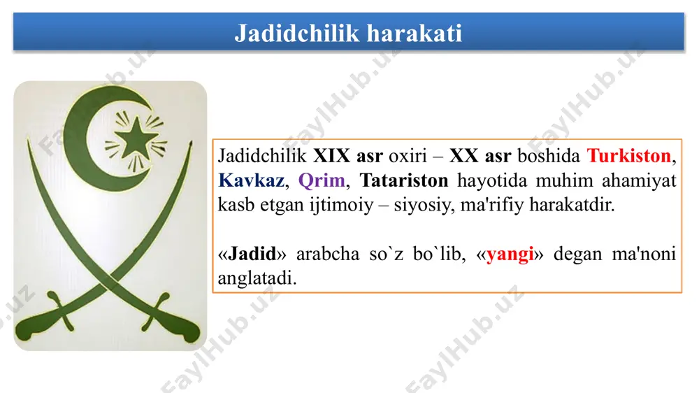maktablarida qur'oni – karim, matematika, geografiya, rus, arab tillari, ashula va jismoniy tarbiya o`qitila boshlandi. ta’lim bosqichlari 1-bosqich 1-4 sinf tahriziy sinf 2-bosqich 1913/14 yil rushdiy sinf 5-6 sinf aholini boy va kambag`alligi shariat asosida belgilangan. 20–35 % nochor bolalar tekin o`qitilib, o`quv qurollari bilan ta'minlangan. pullik maktab tekin maktab jadid maktablari uchun yaratilgan darsliklar abdulla avloniy “birinchi muallim” abdulla avloniy “ikkinchi muallim” ahmadi maqsudiy “birinchi muallim” jadidlar boy va badavlat kishilarning ortiqcha mablag`larini millat va vatan manfaati yo`lida sarflashga e'tibor berdilar. toshkentlik sayidkarim sayidazimboy o`g`li, turkistonlik saidnosir mirjalilov (taniqli yozuvchi oybekning qaynotasi, 1884–1937), andijonlik mirkomil mirmo`minboyev (1882–1918) va boshqa boylar jadidchilik harakati rivojlanshiga katta iqtisodiy hissa qo`shdilar. hayriya tashkilotlarni tuzilishi 1 1904 yil xivada «jamiyati xayriya» tuzil shu pulga ilk jadid maktabi ochildi 2 1908 yil «buxoroi sharif shirkati» tuzildi shirkat puliga kitob chop etildi 3 «tarbiyai atfol» («bolalar tarbiyasi») tashkil etildi iqtidorlilarni chet elga junatgan «tarbiyai atfol» birinchi …