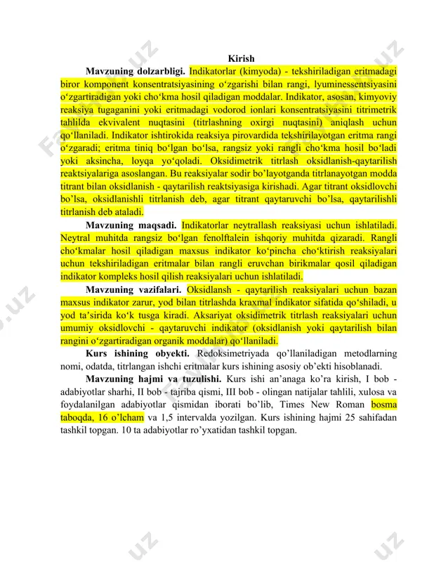 ashda kraxmal indikator sifatida qoʻshiladi, u yod taʼsirida koʻk tusga kiradi. aksariyat oksidimetrik titrlash reaksiyalari uchun umumiy oksidlovchi - qaytaruvchi indikator (oksidlanish yoki qaytarilish bilan rangini oʻzgartiradigan organik moddalar) qoʻllaniladi. kurs ishining obyekti. rеdоksimеtriyada qo’llaniladigan mеtоdlarning nоmi, оdatda, titrlangan ishchi eritmalar kurs ishining asosiy ob’ekti hisoblanadi. mavzuning hajmi va tuzulishi. kurs ishi an’anaga ko’ra kirish, i bob - adabiyotlar sharhi, ii bob - tajriba qismi, iii bob - olingan natijalar tahlili, xulosa va foydalanilgan adabiyotlar qismidan iborati bo’lib, times new roman bosma taboqda, 16 o’lcham va 1,5 intervalda yozilgan. kurs ishining hajmi 25 sahifadan tashkil topgan. 10 ta adabiyotlar ro’yxatidan tashkil topgan. i bob. adabiyotlar shahri 1.1. indikatorlar haqida ma’lumot analitik kimyoda oksidlanish - qaytarilish reaksiyalari keng qo‘llanadi, ulardan birini ko‘rib chiqamiz : 2fecl3 + sncl2 2fecl2 + sncl4 2fe3++sn2+=2fe2++sn4+ elektron balans tenglamasiga muvofiq: 2fe3+ + 2e → 2fe2+ sn2+ – 2e → sn4+ oksidlovchi temir (iii) ioni elektron qabul …
