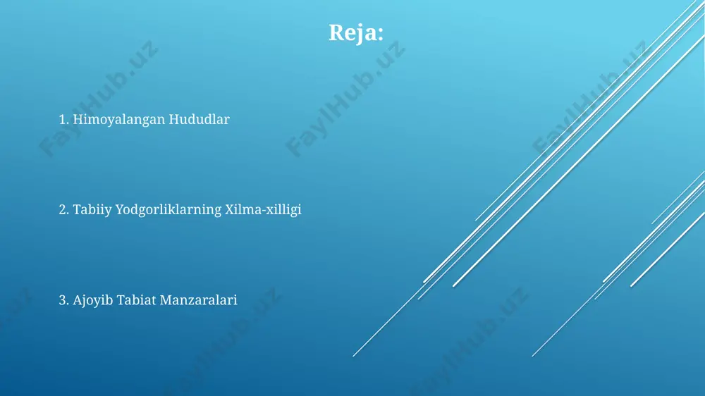 lashda muhim rol o'ynaydi. o'zbekistonning janubi-sharqida, surxondaryo viloyatida joylashgan "boysun-tau" tog' tizmasida, 200 dan ortiq g'orlar mavjud bo'lib, ular arxeologik va paleontologik ahamiyatga ega bo'lgan noyob topilmalarni saqlab kelmoqda. xorazm viloyatining qovunchi tumanida joylashgan "qizilqum" cho'lining noyob qum tepaliklari, balandligi 300 metrga yetadigan ulkan va murakkab tuzilmalar bo'lib, geologik jarayonlarning uzoq davom etgan ta'sirini namoyish etadi. amu-daryo daryosi amudaryo, uzunligi 2500 kilometrdan ortiq bo'lgan, markaziy osiyodagi eng uzun daryo hisoblanadi va qadimiy davrlardan beri mintaqa madaniyatida muhim rol o'ynagan. amudaryoning oqimi yillar davomida sezilarli darajada kamaygan, bu esa suv resurslari tanqisligiga va atrof-muhit muammolariga olib keldi, taxminan 20% ga qisqargan. daryo havzasining maydoni taxminan 1 million kvadrat kilometrni tashkil etadi va turli xil o'simlik va hayvonot dunyosiga boy, noyob ekotizimlarni qo'llab-quvvatlaydi. aydar-arnasoy ko'llari ko'llar 4000 kvadrat kilometrdan ziyod maydonni egallab, markaziy osiyodagi eng yirik sun'iy suv havzalaridan biri hisoblanadi. aydar-arnasoy ko'llari o'zida 290 dan ortiq qush turlarini, jumladan, 10 dan …