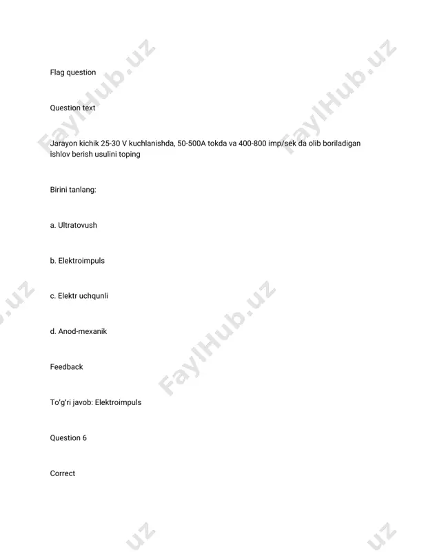 zbalarnijilvirlash b. silindrikvakonussimontashqiyuzalarni,toretsyuzalarnijilvirlashoperatsiyalari c. shitsalarni,rebalarnijilvirlash d. markazsizjilvirlash feedback to̒g̒rijavob:silindrikvakonussimontashqiyuzalarni,toretsyuzalarnijilvirlashoperatsiyalari question 6 correct mark1.00outof1.00 flagquestion questiontext frezalashdastgohidaqandayjarayonlarbajariladi birinitanlang: a. tishqirqish b. shponkao’yig’iniochish c. tashqiyuzalarnifrezalash d. barchajavoblarto'g'ri feedback to̒g̒rijavob:barchajavoblarto'g'ri question 7 correct mark1.00outof1.00 flagquestion questiontext jilvirlashdaqandaykesuvchiasboblarishlatiladi birinitanlang: a. uchtomonikesuvchidisklifrezalar b. disklifrezalar,slindrikfrezalar c. turlipastalar d. jilvirtoshlar,qayroqlar,jilvirqog‘ozlar feedback to̒g̒rijavob:jilvirtoshlar,qayroqlar,jilvirqog‘ozlar question 8 correct mark1.00outof1.00 flagquestion questiontext lyunetnimauchunxizmatqiladi birinitanlang: a. balkaniushlabturadi b. zagotovkaniuzunligichegaradantashqaribo‘lsa,uniushlabturadi c. shkivniushlabturadi d. surishlarqutisigaqo‘shimchaqurilma feedback to̒g̒rijavob:zagotovkaniuzunligichegaradantashqaribo‘lsa,uniushlabturadi question 9 correct mark1.00outof1.00 flagquestion questiontext metallkesishdastgohlariqandayklassifikatsiyalanadi birinitanlang: a. 10taguruh10tatipli b. 1tagurux1tatipli c. 1tagurux9tatipli d. 9tagurux1tatipli feedback to̒g̒rijavob:10taguruh10tatipli question 10 correct mark1.00outof1.00 flagquestion questiontext parmalashdastgohidaqaysiishlarnibajarishmumkin birinitanlang: a. kesibtushirish b. parmalabteshikochish c. homakitozalabyo‘nish d. tozalabyo‘nish feedback to̒g̒rijavob:parmalabteshikochish question 11 correct mark1.00outof1.00 flagquestion questiontext parmalashstanogidaqandayoperatsiyalarbajariladi birinitanlang: a. istalganyuzalarni b. yuzatekislanadi c. teshikochishvakengaytirish d. rezbaochiladi feedback to̒g̒rijavob:teshikochishvakengaytirish question 12 correct mark1.00outof1.00 flagquestion questiontext