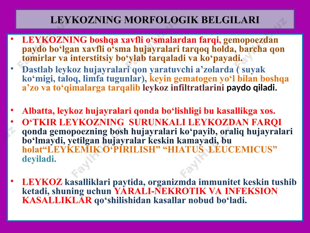 r+omil va kon guruxi boshka kon kuyishda) chakaloklar gemolitik kasalligi autoimmun gemolitik anemiya(leykoz, virusli infeksiya, sistemali kasalliklar) 2. ekstravaskulyar gemolizli gemolitik anemiya irsiy anemiyalar eritrotsitopatiya eritrotsitofermentopatiya gemoglobinopatiya umumiy patomorfologik uzgarishlar: umumiy gemosideroz; gemolitik sariklik; splenomegaliya; gemoglobinuriyali nefroz; yassi suyaklar kumigi tuk va binafsha-kizil rangli; naysimon suyaklar iligi kizil rangli. xususiy patomorfologik uzgarishlar: eritrotsitopatiyaning irsiy sferotsitoz xilida: konda mikrosferoid eritrotsitlar va retikulotsitoz; sezilarli splenomegaliya(1000g); kuz va shillik pardalar sarik, siydik va axlat tuk rangli. 2. gemoglobinopatiya uroksimon xujayrali anemiyasida: sababi- v globin geni mutatsiyasi; mexanizmi- kalsiy tuplanib suv va kaliyning kamayishi natijasida eritrotsitlar membranasi rigidlanadi. eritrotsitlar talokda sekvestrlanib 20kunda nobud buladi rigidlangan uroksimon eritrotsitlar kapillyarlarga tikiladi eritrotsitlar zaryadi uzgarib endoteliyga yopishadi konning ivishi tezlashadi. gemoglobinopatiya uroksimon xujayrali anemiyada patanatomiya: makro: yurak, jigar, buyrak yogli distrofiya okibatida och sarik rangli. talok- splenomegaliya (500g) infarkt uchoklari. mikro: yurak, buyrak egri-bugri kanalchalarida, jigar parenximatoz yogli distrofiya. konda uroksimon eritrotsitlar va retikulotsitoz. suyak kumigi giperplaziyasi, …
