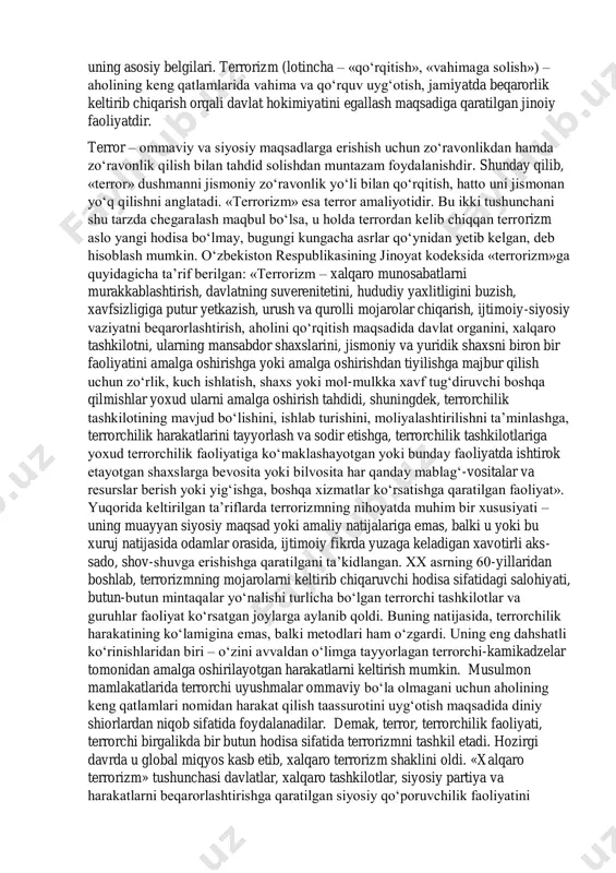 sh, aslida esa jamiyatda tartibsizlik va parokandalikni yuzaga keltirish uchun mablag‘ yig‘ish, asosiy tahdid manbai sifatida odamlar ongini egallash, jamiyatda beqarorlik keltirib chiqarish orqali hokimiyatga erishishdek ehtiyojlarini qondirish maqsadini ko‘zlaydi. hozirgi davrda ko‘plab ekstremistik uyushmalar va mutaassib harakatlar turli dinlar, shu jumladan, islom, xristianlik, yahudiylik dinlari ta’limotlaridan foydalanmoqdalar. aqidaparastlik (arab. – «aqida» – «ishonch», «biror narsani ikkinchisiga bog‘lash») muayyan sharoitda, biron-bir g‘oyaga qat’iy ishonib, uni mutlaqlashtirish asosida shakllangan qoida va tartiblarni sharoit, holat, vaziyatni hisobga olmagan holda, ko‘r-ko‘rona qo‘llash yoki shunga urinishni anglatadi. u muayyan qonun va qoidalar ta’sir doirasini sun’iy kengaytirishga urinishda yorqin namoyon bo‘ladi. mutaassiblik (arab. – «g‘uluv ketish», «chuqur ketish») o‘z fikr- mulohaza va dunyoqarashi to‘g‘riligiga o‘ta qattiq ishonib, boshqa diniy e’tiqodlarga murosasiz munosabatda bo‘lishni anglatadi. mutaassiblik barcha davrlarda turli din va yo‘nalishlar orasida keskin nizo va to‘qnashuvlar kelib chiqishiga sabab bo‘lgan. ayni paytda, dunyoviy va diniy bilimlarning sayozligi, sof diniy tushunchalarning asl mazmunini bilmaslik ham diniy …