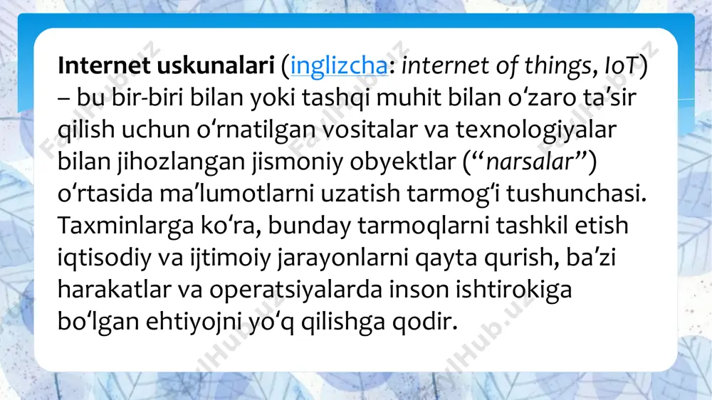 akkab integratsiyalashgan oʻlchash tizimlarigacha boʻlgan keng turdagi oʻlchov asboblari qoʻllanadi. 2011-yilda dunyoda iot tarmoqlariga ulangan qurilmalarning umumiy soni internetga ulangan odamlar sonidan oshib ketdi va 4,6 milliard donani tashkil qildi. jami global investitsiyalar, idc maʼlumotlariga koʻra, buyumlar interneti bilan bogʻliq sohalarga 2016-yilda 737 milliard dollarni tashkil etdi, 2017-yilda – 800 milliard dollardan ortiq; 2021-yilga kelib 1,4 trillion dollarga yaqin investitsiyalar bashorat qilinmoqda. thank you image4.png