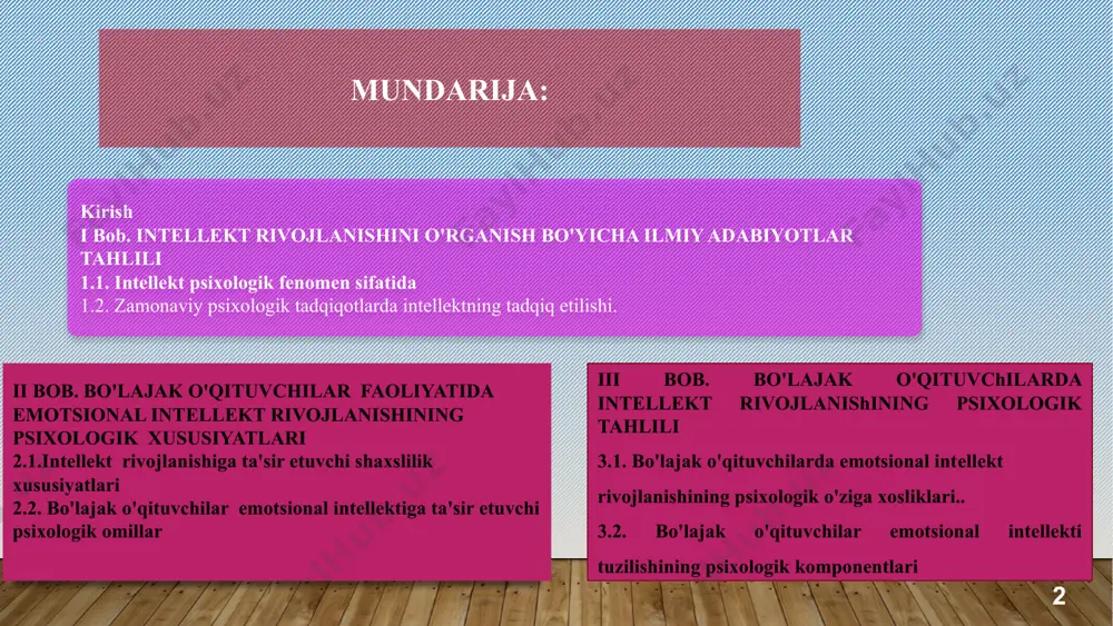 5 o’zbekiston respublikasi qonunlari o’zbekiston respublikasi ta’lim to’g’risidagi qonuni o’zbekiston respublikasi prezidenti farmonlari o‘zbekiston respublikasi prezidentining 2022 yil 28 yanvardagi pf-60-son «2022-2026 yillarga mo‘ljallangan yangi o‘zbekistonning taraqqiyot strategiyasi to‘g‘risida», o‘zbekiston respublikasi prezidentining 2020 yil 6 noyabrdagi «o‘zbekistonning yangi taraqqiyot davrida taʼlim-tarbiya va ilm-fan sohalarini rivojlantirish chora-tadbirlari togrisida»gi pf-6108-son, 2019 yil 11 iyuldagi pf-5763-son «oliy va orta maxsus talim sohasida boshqaruvni isloh qilish chora-tadbirlari togrisida» o’zbekiston respublikasi qarorlari o'zbekiston respublikasi prezidentining 2022 yil 21 iyundagi pq-289 son «o'qituvchiik taʼlim sifatini oshirish va oʻqituvchi kadrlar tayyorlovchi oliy talim muassasalari faoliyatini yanada rivojlantirish chora tadbirlari toʻgʼrsida», oʻzbekiston respublikasi vazirlar mahkamasining 2019 yil 31 dekabrdagi 1059-son «uzluksiz manaviy tarbiya konsepsiyasini tasdiqlash va uni amalga oshirish chora tadbirlari toʻlrisida»gi qarorlarida hamda boshqa huquqiy-normativ hujjatlarda belgilangan vazifalarni hal etishda muayyan darajada xizmat qiladi. 5 tadqiqot natijalarining ilmiy va amaliy ahamiyati. tadqiqot natijalarining ilmiy ahamiyati shundaki, undagi ilmiy va amaliy xulosalar orqali, kеlgusida emotsional intеllеktning psixologik jihatlarini …