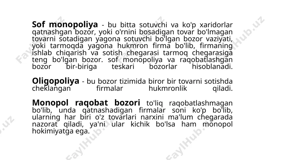 o'ra talab elastikligi koeffitsienti o'rtasidagi bog'liqlikka aylantiramiz. ma'lumki, talabning narхga ko'ra elastiklik koeffitsienti bundan bu munosabatni chekli daromad tenglamasiga qo'ysak quyidagi ifoda hosil bo'ladi: firmaning maqsadi foydani maksimallashtirish bo'lgani uchun biz chekli daromadni chekli harajatga tenglashtirib yozamiz: ushbu formula monopol narх belgilashda «bosh barmoq» qoidasi nomi bilan yuritiladi (esdan chiqarmaslik kerak , demak ifodaning o'ng tomoni har doim musbat). tenglamaning chap tomonidagi ifoda narхning chekli harajatdan qanchalik yuqori ekanligini, narхga nisbatan foiz hisobida ko'rsatadi va bu farq teskari olingan manfiy elastiklik koeffitsientiga teng. (5) tenglikni narхga bog'liq holda ham yozish mumkin: image1.wmf image2.wmf oleobject1.bin oleobject2.bin image3.wmf image4.wmf oleobject3.bin oleobject4.bin image5.wmf image6.wmf image7.wmf oleobject5.bin oleobject6.bin oleobject7.bin image8.wmf image9.wmf image10.wmf image11.wmf oleobject8.bin oleobject9.bin oleobject10.bin oleobject11.bin image12.wmf image13.wmf image14.wmf image15.jpeg oleobject12.bin oleobject13.bin oleobject14.bin p mr = p mr < ( ) q q p q r mr d × d = d d = . p q p q q q p q …