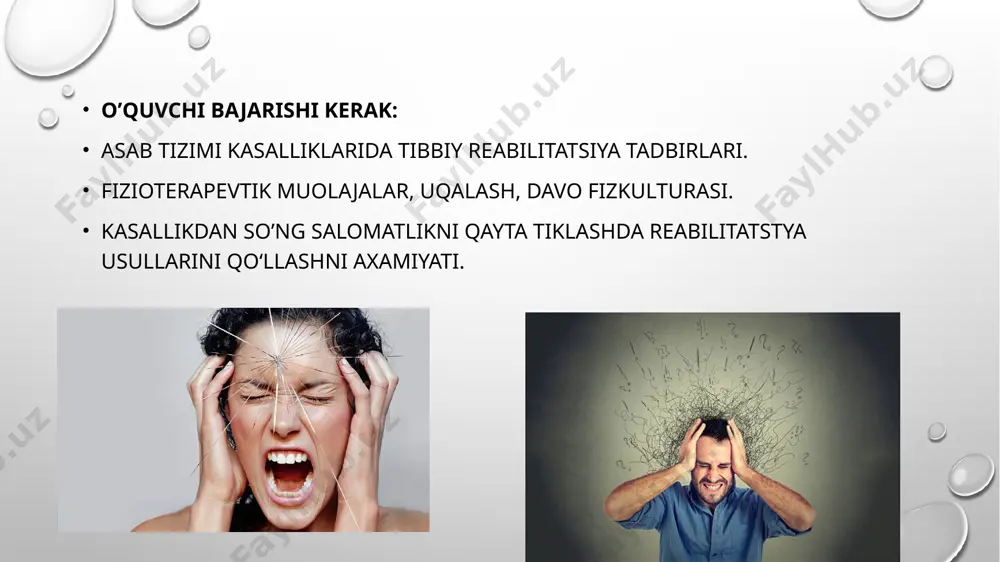 ’alish va tormozlanish jarayonlarini to’g’irlaydi. bosh miyaning po’stloqosti vazifalarini to’g’irlaydi, birlamchi va ikkilamchi signal sistemalrini muvofiqlashtiradi. vegetativ nerv sistemasining qo’zg’alishlarini tekislaydi. lfk nevrozlarning turiga qarab belgilanadi. mashg’ulotning asosiy vazifasi- umumquvvatlantiruvchi ta’sir. bu maqsadda snaryadlarda va snaryadlarsiz nafasni chuqurlashtiruvchi qarshilikka yo’naltirilgan barcha mushaklarni gruppalarini o’rtacha jadalligi bilan o’tkaziladigan mashqlar qo’llaniladi. yuqori qo’zg’aluvchan bemorlarga mashqlar bilan birga tinchlantiruvchi musiqalar qo’llaniladi. jismoniy mashqalarning o’tkazish tartibini tushuntirish lozim. diqqatga mo’ljallangan mashqlar, sakrashlar, uloqtirish mashqlarini qo’llash maqsadga muvofiqdir. isterik, paralich va kontrakturalarda mashqlar va o’yinlardan foydalanish kerak. psixasteniyalarda ularni doim faollashtirish lozim. bemorlar uchun tanish bo’lgan emotsional bo’yalgan mashqlardan foydalanish kerak. mashqlarni kengaytirish uchun o’yinlardan foydalaniladi. metodistning ovozi va musiqa jonli va tetik bo’lishi lozim. mashg’ulot turi yopishqoq xayoliy bemorlarga qiziqtiruvchi, xayollaridan chalg’ituvchi bo’lishi zarur. nevroz bilan kasallangan bemorlarga sanator rejim juda samarali ta’sir ko’rsatadi. reabilitatsiya tadbirlari sanator –kurort sharoitlarda butun organizmga umum quvvatlantiruvchi ta’sir ko’rsatadi,ish qobilyatini yaxshilaydi,chiniqtiruvchi ta’sir etadi,ruhiy barqarorlikka olib keladi. shu maqsadda …