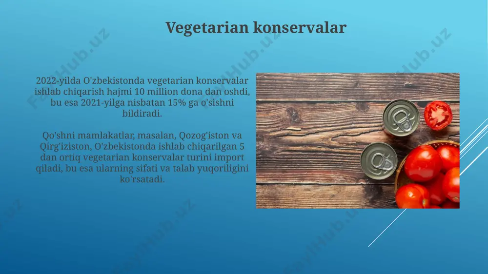 arkibida 5 dan ortiq turdagi sabzavotlar, jumladan, pomidor, bodring va bulg'or qalampiri bo'lib, vitamin va minerallarga boydir. konservalangan mevalar qalay qutilarga solingan konservalangan mevalar, masalan, shaftoli yoki olmalar, o'rtacha 2-3 yil davomida saqlanishi mumkin, lekin harorat 25°c dan yuqori bo'lsa, muddati qisqarishi mumkin. jahon bozorida 100 dan ortiq turdagi konservalangan mevalar mavjud bo'lib, ularning katta qismi tropik va subtropik mamlakatlardan, xususan, filippin va tailanddan eksport qilinadi. konservalangan goʻshtli konservalarning turlari oʻzbekistonning andijon viloyatida ishlab chiqariladigan konservalangan goʻsht mahsulotlari orasida 20 dan ortiq turdagi goʻshtli konservalarning, shu jumladan, mol goʻshti, qoʻy goʻshti va parranda goʻshtidan tayyorlangan turlari mavjud. samarqand viloyatidagi kichik korxonalar, asosan, mahalliy xom ashyolardan foydalanib, 10 dan kam boʻlmagan turdagi anʼanaviy retseptlar asosida tayyorlangan goʻshtli konservalarni ishlab chiqaradi. tayyor ovqatlar konservasi ba'zi tayyor ovqatlar konservasi turlari, jumladan, 300 grammlik shashlik konservasi, -20°c dan +25°c gacha bo'lgan haroratda saqlanishi mumkin, bu esa ularni turli iqlim sharoitida tashishga qulay qiladi. qo'qon …