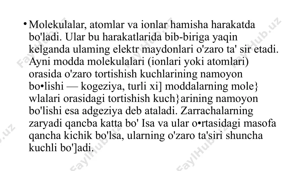 tuvchi o'rtasida donor-akscptor tipidagi kompleks[arning vujudga kelishi bilan bag•liq. vodorod bog'lanishii moddalar, 71-komplekslar ularga misol bo'ladi. xulosa. molekulalararo ta’sirlar — moddalarning fizik va kimyoviy xossalarini belgilovchi muhim omillardan biridir. van-der-vaals kuchlari (dispersion, dipol-dipol va induktsion o‘zaro ta’sirlar) molekulalararo kuchlarning eng zaif turlaridan bo‘lsa-da, ular suyuqlik va gaz holatlaridagi moddalarning harorat, bosim va solvatlanish jarayonlaridagi muvozanatiga sezilarli ta’sir ko‘rsatadi. n-komplekslar esa, erkin elektron juftlari va π-sistemalar ishtirokida hosil bo‘lib, ko‘pincha katalitik faol moddalar va koordinatsion birikmalar tarkibida uchraydi. solvatlanish esa moddalarning erituvchilar bilan o‘zaro ta’siri orqali ro‘y berib, eritmalar barqarorligini ta'minlaydi hamda ionli va molekulyar eritmalarning xossalarini belgilaydi. bu jarayonlarning har biri real kimyoviy tizimlarda muhim rol o‘ynaydi va ularni chuqur tushunish fizik-kimyo, biokimyo hamda sanoat kimyosi kabi sohalarda amaliy ahamiyatga ega. foydalanilgan adabiyotlar: 1. а.а.юлчибаев - модда тузилиши 2011 2. у.к.абдурахманова - модда тузилиши 2011 3. t.a.otaqoʻziev - bogʻlovchi moddalarning kimyoviy texnologiyasi 2005 4. g.a.ixtiyarova. f.f.yulchibayev - modda tuzilishi 2015 …