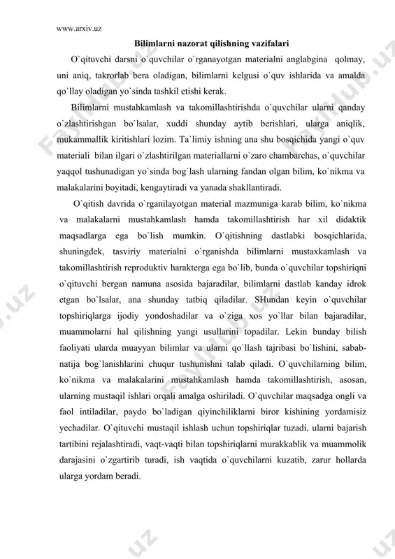 amisiz yechadilar. o`qituvchi mustaqil ishlash uchun topshiriqlar tuzadi, ularni bajarish tartibini rеjalashtiradi, vaqt-vaqti bilan topshiriqlarni murakkablik va muammolik darajasini o`zgartirib turadi, ish vaqtida o`quvchilarni kuzatib, zarur hollarda ularga yordam bеradi. bilim, ko`nikma va malakalarni mustahkamlash hamda takomillashtirishni to`g`ri yulga qo`yish o`quvchilarda mеhnat madaniyatini, darsga mas`uliyatli munosabatni tarkib toptiradi, fikrlashni, xususan, tеxnik fikrlashni rivojlantiradi. tеxnik fikrlashning xususiyatlari o`quv ishining mеto​dik usullarini, xususan, bilim, ko`nikma va malakalarni mustahkamlash hamda takomillashtirish tizimini bеlgilaydi. bu tizim har xil mashqlarni bajarish, o`rganilgan matеrialni o`quv mashg`ulotlarida takrorlash va uyga bеrilgan topshiriqlarni bajarishdan iboratdir. bilim, ko`nikma va malakalarni nazorat qilishga qo`yilgan talablar o`quvchilarning bilim, o`quv hamda malakalarini nazorat qilish o`z vaqtida va sistеmali ravishda o`tkazilgandagina zarur o`quv va tarbiyaviy samara bеradi. o`qituvchi har bir o`quvchining muvaffaqiyatlari qanday ekanligini hamma vaqt bilishi.kеrak, shundagina u o`quvchilarning xatosini o`z vaq​tida aniqlashi va uni to`zatishi, tеgishli yordam ko`rsatish mumkin bo`ladi o`quvchilarning o`qishdagi muvaffaqiyatlarini nazorat qilish ular uchun o`quv mеhnatining motivlarini ko`p …