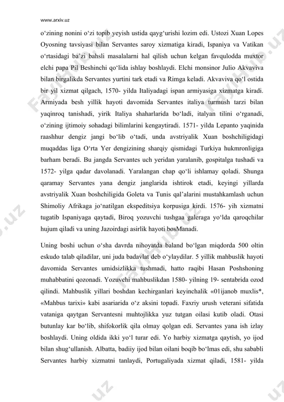 vantes umidsizlikka tushmadi, hatto raqibi hasan poshshoning muhabbatini qozonadi. yozuvchi mahbuslikdan 1580- yilning 19- sentabrida ozod qilindi. mahbuslik yillari boshdan kechirganlari keyinchalik «01ijanob muxlis*, «mahbus tarixi» kabi asariarida o‘z aksini topadi. faxriy urush veterani sifatida vataniga qaytgan servantesni muhtojlikka yuz tutgan oilasi kutib oladi. otasi butunlay kar bo‘lib, shifokorlik qila olmay qolgan edi. servantes yana ish izlay boshlaydi. uning oldida ikki yo‘l turar edi. yo harbiy xizmatga qaytish, yo ijod bilan shug‘ullanish. albatta, badiiy ijod bilan oilani boqib bo‘lmas edi, shu sababli servantes harbiy xizmatni tanlaydi, portugaliyada xizmat qiladi, 1581- yilda shimoliy afrikaga kuryer sifatida boradi. biroq harbiy ish unga o‘zi o‘ylagan moddiy farovonlik keltirmaydi. bu orada katalina de salasar palasoyega uylanadi, lekin uning uncha ko‘p bolmagan sepi ham servantesning moddiy ahvolini yaxshilamaydi. 1585- yilda servantes andaluziyaga boradi. hayotining keyingi 15 yilini seviliya shahrida o‘tkazadi. bu yerda «yengilmas armada* uchun oziq-ovqat yetkazib beruvchi boshqarmaga komissar qilib tayinlanadi. 1594- yilda uni …