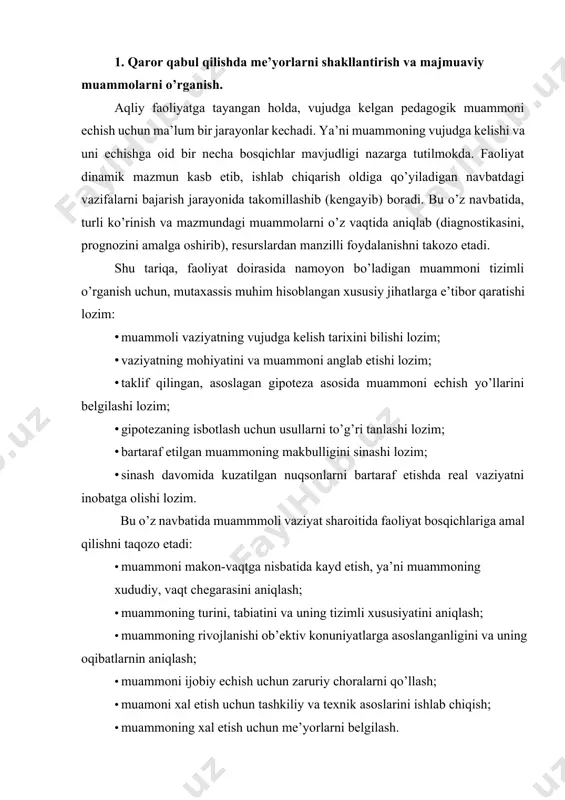 h; · muamoni xal etish uchun tashkiliy va texnik asoslarini ishlab chiqish; · muammoning xal etish uchun me’yorlarni belgilash. tahlilni amalga oshirish davomida, me’yor deb, tahlilni amalga oshirish uchun tanlangan ob’ektning sifat va miqdoriy jihatlarini o’zaro bog’liqligi nazarga tutiladi. bunda mazmun va shakl, imkoniyat va voqe’lik o’rtasidagi zaruriy uyg’unlik ta’minlanishi shart hisoblanadi. chunki, faoliyat doirasida amalga oshiriladigan tahlilnig asosiy maqsadi shundan iboratki, mavjud struktura tizimda qanchalik samarali ishlashini aniqlashdan iborat. tizimil tahlilda, tizimning tuzulishini, vazifasini, mavjud maqsadini aniqlash nazarda tutiladi. ammo ikkala holat xam bir-birini to’ldirib turadi. tizim to’g’risida ma’lumotlarga ega bo’lish maqsadida, tizimli tahlilni usullarini tadbik etishi bo’yicha barcha me’yor va talablarini tizimli tahlil texnalogiyasi o’zida mujassam etgan bo’ladi. e’tiborni qaratish lozimki, tizimli tahlil xilma-xillik jixatidan farqlanganligi sababli, u istiqbolli tadqiqot usuli hisoblanadi. tizimli tahlilni amalga oshirish jarayonida quyidagilarga yo’l qo’ymaslik lozim: · tushunarsiz vaziyatlarni misol keltirmasligi; · katta miqdorda ma’lumotlarni qamrab olishga intilmasligi; · fikrlarning keng yoyilib ketishi …