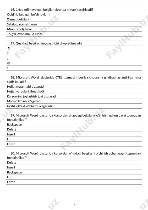 o‘lchamini o‘rnatish matnga 14 sonini kiritish matnga 14 mm abzats masofasini o‘rnatish matn shriftini o‘rnatish abzatslararo 14 mm masofa o‘rnatish 25. microsoft word dasturidagi qaysi tugma yordamida belgilangan matnlarga qalin yozuvli (polujirnыy) shakl berish mumkin? 2 1 3 4 5 26. microsoft word dasturidagi qaysi tugma yordamida belgilangan matnlarga qo‘lyozma yozuvli (kursiv) shakl berish mumkin? 3 1 2 4 5 27. microsoft word dasturidagi qaysi tugma yordamida belgilangan matnlarga ostiga chizilgan (подчеркнуты) shakl berish mumkin? a) 4 b) 1 c) 2 d) 3 28. microsoft word dasturidagi qaysi tugma yordamida belgilangan matnlarga rang berish mumkin? 5 1 2 3 4 elektron jadvallar bilan ishlash bo‘yicha ko‘nikmalar microsoft excel 2003. 1. microsoft excel – bu: jadval muxarriri grafik muxarrir matn muxarriri taqdimot muxarriri barcha javoblar to‘g‘ri 2. microsoft excel dasturida yaratiladigan hujjatlar qanday nomlanadi? “книга” “prezentatsiya” “dokument” “list” “slayd” 3. microsoft excel dasturida yangi hujjat yaratilsa, unga qanday nom biriktiriladi? “книга …
