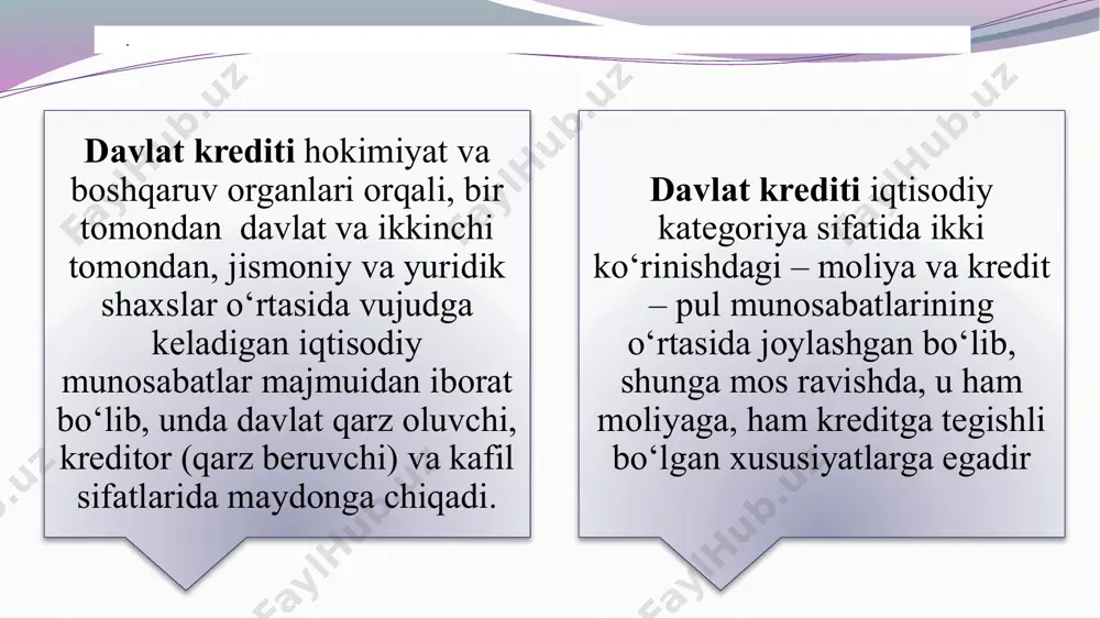 ni (qarzlarini) to‘lashga katıl sifatidagi majburiyatlari yuzaga keladi. davlat krediti ichki byudjetlararo korxonalar-rezidentlar tashki davlatlararo korxonalar- norezidentlar xalkaro moliya kredit tashkilotlari davlat krediti quyidagi bir necha belgilarga kо‘ra klasssifikatsiyalanadi: 5. qarz majburiyatlari ta’minlanganligiga qarab: -garovli; -garovsiz bо‘ladi 4.mablag‘larni jalb qilish muddatiga kо‘ra: -qisqa muddatli (1yilgacha); -о‘rta muddatli (1 yildan 5 yilgacha); -uzoq muddatli (5 yil va undan yuqori).. 3.bozorda aylanishiga qarab: -bozorli qarzlar; -bozorsiz qarzlar 2.joylashtirilish joyiga qarab: -ichki qarzlar; - tashqi qarzlar.. 1.emitentlar bо‘yicha: - markaziy boshqaruv organlari tomonidan;- hududiy boshqaruv organlari tomonidan joylashti-riladigan qarzlar davlat krediti quyidagi bir necha belgilarga kо‘ra klasssifikatsiyalanadi: 6. tо‘lanadigan daromadning xarakteri bо‘yicha: -yutuqli qarz majburiyatlari; -foizli qarz majburiyatlari; nol kuponli qarz majburiyatlari . 7. daromadlarni aniqlash metodiga kо‘ra: -barqaror (qat’iy) daromadli qarz majburiyatlari; -“suzuvchan” daromadli qarz majburiyatlari. 8. qarz chiqarilgan paytda belgilangan (о‘rnatilgan) qarzni qaytarish muddatlariga qat’iy rioya qilish bо‘yicha qarzdorning majburiyatlariga muvofiq: -muddatidan oldin qaytarish huquqiga ega bо‘lgan majburiyatlar; - muddatidan oldin …