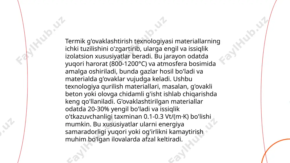 'payishi va g'ovaklarning paydo bo'lishi kuzatiladi, bu esa materialning moslashuvchanligi va o'ziga xos og'irligini kamaytiradi. ushbu texnologiya avtomobilsozlik, kosmik sanoat va biomeditsina sohalarida keng qo'llaniladi. gidrodinamik g'ovaklashtirish usuli orqali yasalgan materiallar yuqori mustahkamlik va ekologik tozalik xususiyatlariga ega bo'ladi. ... t.me/slaydai_bot gazli g'ovaklashtirish texnikalari ozuqa mahsulotlarini ishlab chiqarishda keng qo'llaniladi. ushbu texnikalar mahsulotning tekstura va hajmini yaxshilashga yordam beradi. ko'pik texnologiyasi yordamida mahsulotga gaz kiritilib, uning hajmi taxminan 30-50% ga oshiriladi. asosan, gazli ichimliklar, non va qandolat mahsulotlari uchun ishlatiladi. mahsulot tarkibidagi ko'piklar massa va energiya sarfini kamaytiradi. gazli g'ovaklashtirishda karbonat angidrid (co2) va azot (n2) gazlari keng qo'llaniladi. ushbu texnologiyalar mahsulotning organoleptik xususiyatlarini yaxshilaydi va bozor raqobatbardoshligini oshiradi. zamonaviy gazli g'ovaklashtirish usullari ekologik jihatdan qulay va energiya samaradorligi bilan ajralib turadi. ... t.me/slaydai_bot 10. yoritish va nurlantirish yordamida g'ovaklashtirish. 10. yoritish va nurlantirish yordamida g'ovaklashtirish. yoritish va nurlantirish texnologiyalari sanoatda asosiy yutuqlar keltirmoqda, ayniqsa materiallarni g'ovaklashtirishda. ushbu jarayonlar ultrabinafsha …