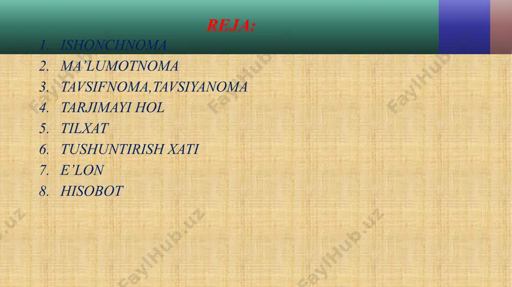 ni o'z ichiga oladi, zarur hollarda esa raqamli jadvallar ko'rinishida tayyorlanadi shaxsi y ma'lumotnom a - muassasalar tomonidan fuqarolarning turmushi va ish faoliyatidagi aksar voqea-hodisalar va holatlarni tasdiqlab beradigan hamda talab qilingan joylarga ko'rsatiladigan rasmiy hujjatdir. ichki xizmat ma 'lumotnomasi - muassasa ichki ishlari, xo'jalik faoliyati, biror tarkibiy bo'linma yoki ayrim xodimning ishi, faoliyati haqida tayyorlanib, shu muassasa rahbariga yo'llanadi. tashqi xizmat ma 'lumotnomasi - muayyan muassasa nomidan yuqori idora yoki mansabdor shaxslarga, ular ko'rsatmasiga, talabiga muvofiq tayyorlanib jo'natiladi hamda xos ish qog'oziga yoki maxsus bosma ish qog'oziga yoziladi va muassasa rahbari tomonidan imzolanadi. xizmat ma'lumotnomasi, o'z navbatida, 2 turga bo’linadi bosma ish qog'ozlari bo'lmagan hollarda ma'lumotnomalar oddiy qog'ozga qo'lda yoki kompyuterda yoziladi va lining chap burchagiga korxona yoki jamoat tashkilotining to'rtburchak muhri qo'yiladi, uning qarshisiga, o'ng tomoniga ma'lumotnoma so'zi yoziladi. . shaxsiy ma'lumotnomalar quyidagi zaruriy qismlarni o'z ichiga oladi: 1. ma'lumotnoma beruvchi tashkilotning nomi. 2. ma'lumotnomaning tartib raqami va …