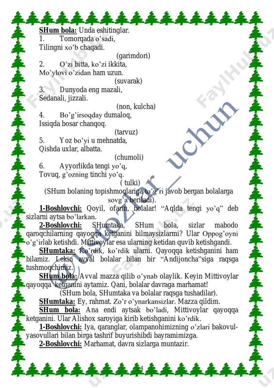 ar: so‟z beramiz! endi hech ham yomonlik qilmaymiz. 2-boshlovchi: juda soz. ana endi bayramimiz bayramday o‟tadi. 1-boshlovchi: bolajonlar, yangi yil kirib kelishi uchun yana 2 ta mehmonni taklif qilishimiz kerak bu yerga. oppog’oy: kim ekan u mehmonlar? bolalar: qorbobo! qorqiz! shumbola: to‟ppa-to‟g‟ri. endi hammamiz birgalikda qorbobo bilan qorqizni chaqiramiz. hamma: qorbobo! qorqiz! ( 3 marta). (qorbobo qorqiz bilan kirib keladi) qorbobo: salom, meni aziz bolajonlarim. kirib kelayotgan yangi yilingiz muborak bo‟lsin. qorqiz: bobojon, bayram avjida-ku. o‟yin-kulgi-ga, musoboqalar ham qiziqarli o‟tgan bo‟lsa kerak. yangi yil sovg‟alarsiz bo‟lmaydi, albatta. qorbobo: to‟g‟ri aytasan, qizim, hammangizga yetarli sovg‟a bor qopimda. (qorbobo bolalarga sovg‟a ulashadi). 6 qorbobo: iya, archamiz uxlab qopti-ku. bayram chiroqlarini yondirishim uchun menga yordam berishingiz kerak, bolajonlarim. hammamiz birgalikda “archa, yon” deymiz. bir, ikki, uch . . . archa yon! ( 3 marta). (archa yonadi). 1-boshlovchi: yangi yil muborak, aziz vatanim! farzandlari sog‟lom, qudratli yurtim! yangi yil muborak, mehnatkash halqim! fidoiy, mardona, …