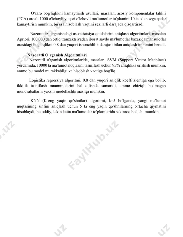 atlar bo'yicha ma'lumotlar to'plamini 3 yoki undan ortiq klasterlarga ajratish imkonini beradi, bu katta hajmdagi ma'lumotlarni tahlil qilishda samarali vositadir. o'zaro bog'liqlikni kamaytirish usullari, masalan, asosiy komponentalar tahlili (pca) orqali 1000 o'lchovli yuqori o'lchovli ma'lumotlar to'plamini 10 ta o'lchovga qadar kamaytirish mumkin, bu esa hisoblash vaqtini sezilarli darajada qisqartiradi. nazoratsiz o'rganishdagi assotsiatsiya qoidalarini aniqlash algoritmlari, masalan apriori, 100 000 dan ortiq tranzaktsiyadan iborat savdo ma'lumotlar bazasida mahsulotlar orasidagi bog'liqlikni 0.8 dan yuqori ishonchlilik darajasi bilan aniqlash imkonini beradi. nazoratli o'rganish algoritmlari nazoratli o'rganish algoritmlarida, masalan, svm (support vector machines) yordamida, 10000 ta ma'lumot nuqtasini tasniflash uchun 95% aniqlikka erishish mumkin, ammo bu model murakkabligi va hisoblash vaqtiga bog'liq. logistika regressiya algoritmi, 0.8 dan yuqori aniqlik koeffitsientiga ega bo'lib, ikkilik tasniflash muammolarini hal qilishda samarali, ammo chiziqli bo'lmagan munosabatlarni yaxshi modellashtirmasligi mumkin. knn (k-eng yaqin qo'shnilar) algoritmi, k=5 bo'lganda, yangi ma'lumot nuqtasining sinfini aniqlash uchun 5 ta eng yaqin qo'shnilarning o'rtacha …
