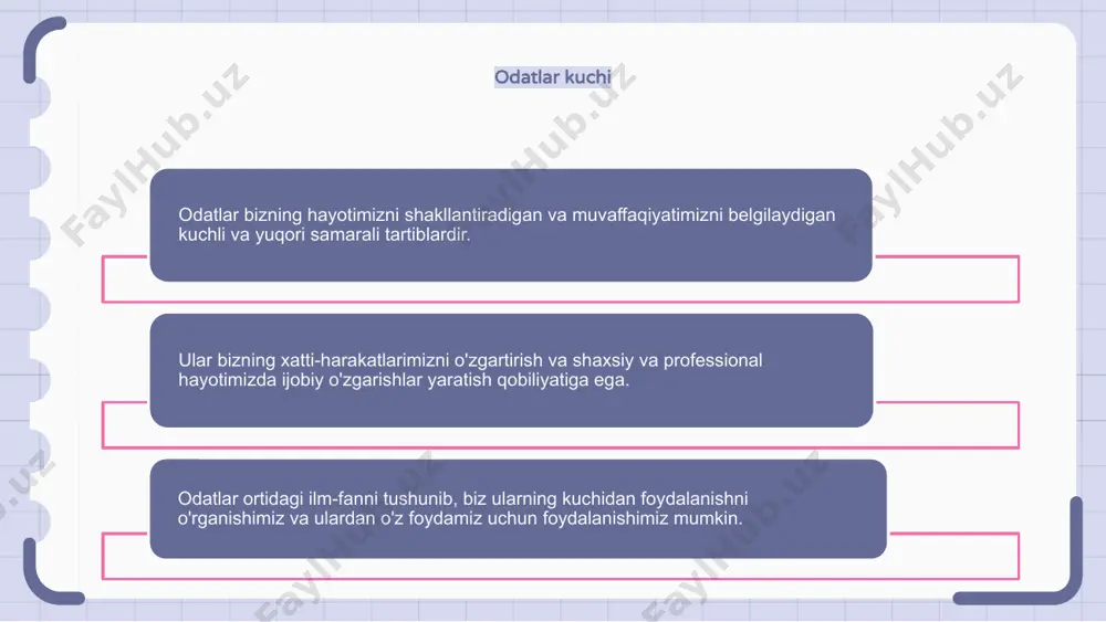 y tomonlarini qadrlash uchun har kuni bir lahzani ajratish baxtni oshirishga yordam beradi. yana bir odat - yaqinlar bilan munosabatlar va aloqalarni rivojlantirish. oila va do'stlar bilan sifatli vaqt o'tkazish baxt va umumiy farovonlikni oshirishi mumkin. nihoyat, jismoniy mashqlar, meditatsiya va sog'lom ovqatlanish kabi o'z-o'zini parvarish qilish odatlari orqali o'ziga g'amxo'rlik qilish baxt va qoniqish hissini oshirishga yordam beradi. shaxsiy o'sish uchun odatlar ijobiy odatlarni rivojlantirish shaxsiy o'sish uchun zarurdir. sog'lom odatlarni yaratish va saqlash orqali biz jismoniy, aqliy va hissiy farovonligimizni yaxshilashimiz mumkin. shaxsiy o'sish uchun odatlarning ba'zi misollari kundalik mashqlar, minnatdorchilikni mashq qilish va maqsadlarni belgilashni o'z ichiga oladi. ushbu odatlar bizga yanada samarali, g'ayratli va qoniqarli shaxslar bo'lishga yordam beradi. bizning odatlarimizga izchil va sodiq bo'lish muhim, chunki ular bizning hayotimizni shakllantirishga qodir. kundalik tartibimizga kichik o'zgarishlar kiritib, biz asta-sekin shaxsiy o'sishga va muvaffaqiyatga olib keladigan ijobiy odatlarni shakllantirishimiz mumkin. moliyaviy muvaffaqiyat uchun odatlar yaxshi odatlarni rivojlantirish …