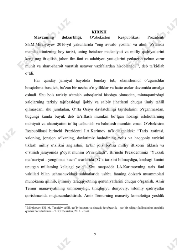 boʻlganligi uning nihoyatda kamtar hazil-mutoyibali boʻlganligiga ashiyochiligida kamsuxan va oʻtkir soʻzligida muslimalar, malikalarga nisbatan oʻta iffatli kata-kichik muxoliflariga kechirimliligida bilib bilmay yoʻl qoʻygan hatolarini koʻpchilik oldida oshkora e’tirof etganligida har bir toifa, mansabdagi insonlarga alohida hurmat ehtirom bildirganligida hatto shohona qahr-gʻazabi ham adolatga haqiqatga asoslanganligida harbiy mahorati kabi oʻnlab xislatlarida amalda namoyon boʻlgan. mavzuning oʻrganilganlik darajasi. amir temur ma’naviyati va siyosatida islomiy ilmlarni dunyoviy fanlardan chegaralash, ularning birini-ikkinchisidan baland-past quyish hollari zinhor boʻlmagan. chunki sohibqironning oʻzlari taqvador xudojoy boʻlish bilan birga tafsir tavhid, hadis, fiqh, tarix, falsafa, falakiyot, tabobat kabi ilohiy va dunyoviy ilmlarni yaxshi bilganlar. bu xususda xx-xxi asrning mashhur olimlari b.ahmedov, o.boriyev, sh. o’ljayeva, b.usmonov, d.yusupovlarning tadqiqotlari e’tiborga loyiq. bundan tashqari abdurazzoq, samarqandiy, hofizi abru, ibn arabshoh, alisher navoiylar aniq malumotlar yozib qoldirganlar. shuning uchun ham amir temur movaraunnahrda fan, madaniyat, adabiyot, san’at, memorchilikning rivojlanishiga alohida homiylik va rahnamolik qildi. barcha olimu fuzalolarga unumli ijod qilishlari uchun qulay …