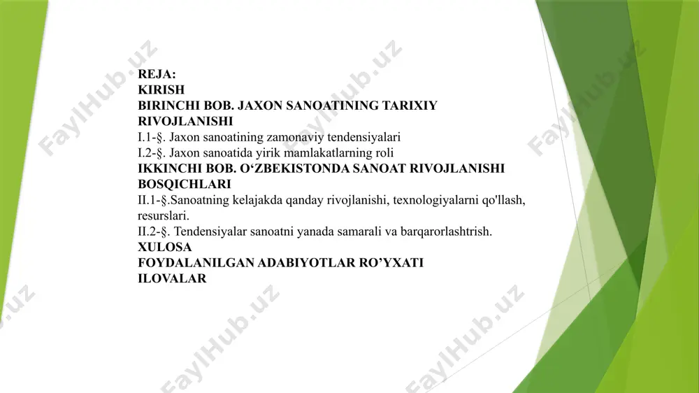 g ilmiyligi: shu tarzda, jaxon sanoat rivojlanishining zamonaviy tendensiyalari texnologik innovatsiyalar, iqtisodiy imkoniyatlar va ekologik talablarga javob beradigan yangi modellarni shakllantirmoqda. bu tendensiyalarni tahlil qilish, sanoatning kelajakdagi rivojlanish istiqbollarini aniqlashda muhim ahamiyatga ega. jaxon sanoat rivojlanishi insoniyat tarixidagi eng muhim ijtimoiy-iqtisodiy jarayonlardan biridir. sanoat sektori iqtisodiy o'sish, yangi ish o'rinlari yaratish, texnologik yutuqlarni joriy etish va resurslardan samarali foydalanishni ta'minlashda muhim rol o'ynaydi. sanoat sektori nafaqat ishlab chiqarish va xizmat ko'rsatishning o'zaro bog'liq tizimini, balki global iqtisodiyotning asosiy motorini tashkil etadi. i.bob. jaxon sanoatining tarixiy rivojlanishi 1.1. jaxon sanoatining zamonaviy tendensiyalari jaxon sanoatining tarixiy rivojlanishi, asosan, sanoat inqilobi va uning ta'siri bilan bog'liq bo'lib, xx asrda sanoatning jadal o'sishi va global iqtisodiyotda yangi o'zgarishlarga olib kelgan. quyida uning rivojlanishining asosiy bosqichlari keltirilgan: 1. sanoat inqilobi (xviii asr oxiri – xix asr boshlarida) sanoat inqilobi, ayniqsa britaniyada boshlanib, butun dunyoda sanoatni o'zgartirdi. bu davrda texnologik yangiliklar, masalan, bug'li mashinalar va to'qimachilikni …