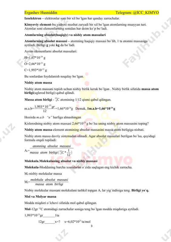 )reaksiya unumi nima? 2-mavzu: 4-5-dars. 4-dars.anorganik birikmalarning eng muhim sinflari. oksidlar oksidlar 1) biri kislorod bo’lgan, ikki elementdan iborat murakkab moddalar. 2) umumiy formulasi: eo e – element. 3) oksidlarda kislorod har doim ii valentli bo`ladi. oksidlar nomlanishi eo 1) e- o`zgarmas valentli bo`lsa: element nomi + oksid m: k2o – kaliy oksid 2) e- o`zgaruvchan valentli bo`lsa: element nomi + (valentlik) + oksid m: cu2o – mis(i)-oksid cuo – mis(ii)-oksid 3) grekcha nomlash. 1-mono 2-di, 3-tri, 4- tetra, 5-penta, 6-geksa. m:co – uglerod monoksid; sio2 – kremniy dioksid; p4o6 – tetrafosfor geksaoksid. 4)tarixiy yoki turmushda nomlash. m:cao – so’ndirilmagan ohak; sio2 – qum,kvars no2 – tulki dumi; n2o – kuldiruvchi gaz tuzilish formulasi tuzilish formulasini yozganda quyidagi qoidalarga rioya qilish kerak: 1) element element bevosita o`zaro bog`lanmaydi, ular kislorod orqali bir biriga bog`lanadi. e-e, o-o mumkin emas!!!! e-o mumkin. 2) kislorod atomlari elementga teng taqsimlanadi. oksid turlari tuz hosil …