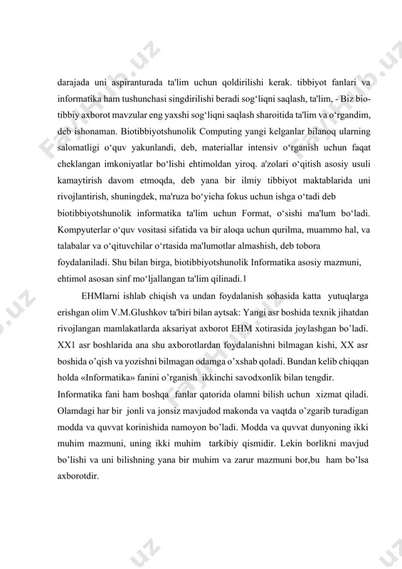 bilan ehm o’rtasidagi ma'lumotlarni, hayvonlar va o’simliklar o’rtasida xabar (signal) almashinishi yoki to’qimadan to’qimaga, 2.axborotning olamni bilishdagi jamiyatdagi ishlab chiqarishdagi va fandagi o’rni. insonning ijodiy yoki mehnat faoliyati, fan va texnikaning rivoji jonli mavjudodlarning o’zini tutishi, har qanday avtomatik tarzda ishlaydigan qurilmalar faoliyati axboratni ayirboshlash bilan bog’liq. hozirgi kunda axborot juda katta ahamiyatga ega. inson faoliyatining hamma sohalarida axborotlarni qayta ishlaydi: -yangi ma'lumotlarni (ro’znoma, kitob, havo mavjlari, oynai jahon, o’zaro fikr almashinish) oladi. -kundalik hayotda oldindan ma'lum axborotlarni ishlatadi. -yangi axborotlar yaratadi (fanda, adabiyotda, san'atda); 3.axborotni yigish, saqlash va ishlov berishning yangi texnologiyasi ehm ni paydo bo’lishi jamiyat rivojlanishida inqilobiy o’zgarishlariga sabab bo’ldiki, insonga axborotni yigish, saqlash va ishlov berish bilan bog’lik bo’lgan aqliy mehnatni avtomatlashtirish imkonini berdi. bu xildagi jarayonlarni avtomatlashtirish iqtisodiy – tashkiliy tuzumlarga, texnologik jarayonlarni boshqarishga loyihalar tuzish, ilmiy izlanishlar , o’qish – o‘rganish va boshqa sohalarga kirib boradi. shunday kilib ilmiy- texnik rivojlanishning asosiy yo’nalishi paydo …