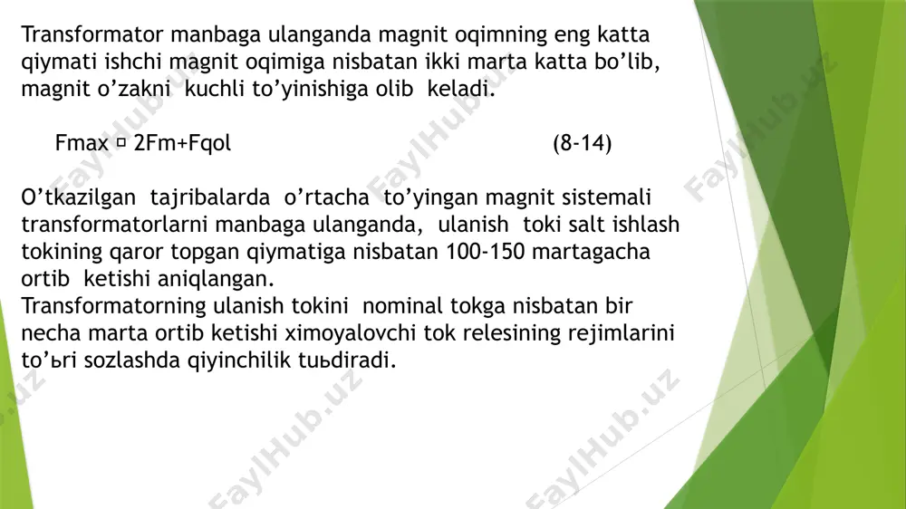 llaniladi. nazorat uchun savollar. 1. nosimetrik rejimlar deb nimaga aytiladi va u transformator ishlashiga kanday taxsir kursatadi? 2. transformatorlarda utish jaraenlari kanday buladi? 3. tusatdan ruy beradigan kiska tutashuvlar transformatorga kan- day taxsir kursatadi? 4. nosimmetrik rejimlarni urganishda kaysi usullar kullaniladi? 5. tugri va teskari ketma-ketlik toklari kanday transformatsiyala- nadi? 6. transformatorlardagi utish toklari kanday tashkil etuvchilardan iborat? 7. avtotransformatorlarni transformatorlardan asosiy farki nimadan iborat? etiboringiz uchun raxmat image1.png image2.emf image3.png image4.emf image5.png image6.emf image7.png u 1m sin (t+) =r 1 i 1 + l 11 dt di 1 (8-5) o’tish jarayonining differentsial tenglamasini yechimi quyidagi ko’rinishda bo’ladi: '' 1 ' 11 iii (8-6) bu yerda i` 1 - utish jarayonining to’la tokini majburiy tashkil etuvchisi bo’lib, quyidagicha aniqlanadi: ' 1 i = i 1m sin(t+- 0 ) (8-7) bu yerda 1 11 0 2 11 2 2 1 1 1 r l arctg lr u i m m  …