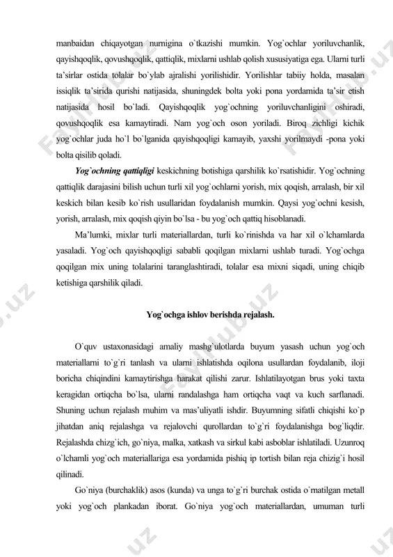 g`ochni kesish, yorish, arralash, mix qoqish qiyin bo`lsa - bu yog`och qattiq hisoblanadi. ma’lumki, mixlar turli materiallardan, turli ko`rinishda va har xil o`lchamlarda yasaladi. yog`och qayishqoqligi sababli qoqilgan mixlarni ushlab turadi. yog`ochga qoqilgan mix uning tolalarini taranglashtiradi, tolalar esa mixni siqadi, uning chiqib ketishiga qarshilik qiladi. yog`ochga ishlov berishda rejalash. o`quv ustaxonasidagi amaliy mashg`ulotlarda buyum yasash uchun yog`och materiallarni to`g`ri tanlash va ularni ishlatishda oqilona usullardan foydalanib, iloji boricha chiqindini kamaytirishga harakat qilishi zarur. ishlatilayotgan brus yoki taxta keragidan ortiqcha bo`lsa, ularni randalashga ham ortiqcha vaqt va kuch sarflanadi. shuning uchun rejalash muhim va mas’uliyatli ishdir. buyumning sifatli chiqishi ko`p jihatdan aniq rejalashga va rejalovchi qurollardan to`g`ri foydalanishga bog`liqdir. rejalashda chizg`ich, go`niya, malka, xatkash va sirkul kabi asboblar ishlatiladi. uzunroq o`lchamli yog`och materiallariga esa yordamida pishiq ip tortish bilan reja chizig`i hosil qilinadi. go`niya (burchaklik) asos (kunda) va unga to`g`ri burchak ostida o`rnatilgan metall yoki yog`och plankadan iborat. go`niya yog`och …