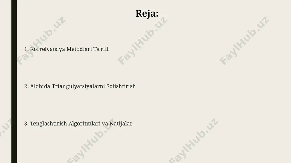 dan ortiq nuqta bulgan ikki xil triangulyatsiya usullarini solishtirish orqali olingan bo'lib, korrelyatsiya koeffitsiyenti 0.95 dan yuqori natijalarga erishildi. turli xil miqyosdagi 5 ta amaliy misollarni tahlil qilish natijasida, taklif etilgan korrelyatsiya usuli 5 dan 10 minutgacha bo'lgan vaqt ichida triangulyatsiyalarni muvaffaqiyatli tenglashtirdi, bu standart usullarga nisbatan ancha tezdir. yuqori aniqlikdagi raqamli balandlik modeli (rbm) dan foydalanib olingan nazorat ma'lumotlari bilan taqqoslaganda, taklif etilgan usul 2 sm dan kam o'rtacha xatolikni ko'rsatdi va 90% dan ortiq aniqlikka ega. kirish kirish qismida ikkita alohida uchburchaklash usuli bilan hosil qilingan 200 dan ortiq nuqtalarning koordinatalarini taqqoslash va moslashtirish masalasi ko'rib chiqiladi. uchburchaklash natijalarining mos kelmasligiga olib keladigan 5 ga yaqin potentsial xato manbalari va ularni bartaraf etish usullari batafsil bayon etiladi. korrelyatsion usullar yordamida geometrik xatoliklarni kamaytirish va 0,1 mm dan kam aniqlikka erishish imkoniyatlari tahlil qilinadi. e'tiboringiz uchun rahmat @taqdimot_robot
