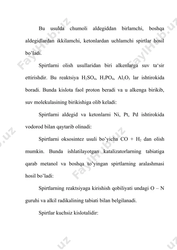 molekulyar degidratlanishidan sirka aldegid, molekulalararo degidratlanishidan esa halqali efir–dioksan hosil bo‘ladi: glikollarning spirtlar bilan reaksiyasidan oddiy efirlar, noorganik va organik kislotalar bilan reaksiyasidan esa murakkab efirlar hosil bo‘ladi: etilen glikol – shirin ta’mli, hidsiz, suvda yaxshi eriydigan, qovushqoq suyuqlik bo‘lib, uning katta miqdori lavsan va boshqa poliefir tolalar, erituvchilar (dioksan, glikolning oddiy efirlari) olishda sarflanadi. etilenglikolning suv bilan aralashmasi pastharoratda (-75ocgacha) muzlaydi. shuning uchun undan antifriz (radiatorlar uchun muzlamaydigan suyuqlik)lar tayyorlanadi. uch atomli spirtlar (alkantriollar) uch atomli spirtlarning umumiy formulasi cnh2n-1(oh)3, muhim vakili glitserin (1,2,3-propantriol) hoch2–choh–ch2oh. glitserin– shirin ta’mli, rangsiz, suvdayaxshi eriydigan, siropsimon suyuqlik bo‘lib, yog‘ va moylar tarkibiga kiradi. u sanoatda propilendan quyidagi sxema bo‘yicha olinadi: allil allil glitserin xlorid spirti monoxlorgidrini glitserin yog‘larni gidrolizlash (287-288-betlar) bilan ham olinadi. glitserin kimyoviy xossalari jihatidan etilenglikolga o‘xshaydi. ishqoriy metallar, metall oksidlari va og‘ir metallarning gidroksidlari bilan glitseratlar hosilqiladi: glitseringa nitrolovchi aralashma ta’sir ettirilganda, nitrat kislotaning murakkab efiri – glitserintrinitrati hosil bo‘ladi …