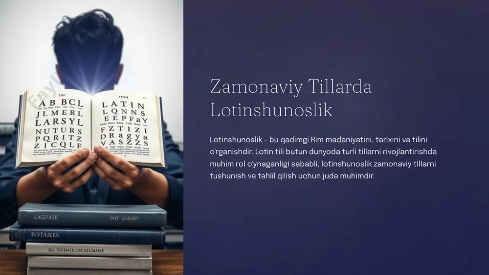a-xilligiga hissa qo'shdi. 6 lotin so'zlarining zamonaviy tilga ta'siri 1 ilmiy atama ko'plab ilmiy atama va so'zlar lotin tilidan olingan, masalan, "biology", "chemistry", "physics". 2 hukumat va qonun huquq va siyosiy sohalarda ko'plab lotin so'zlari ishlatiladi, masalan, "habeas corpus", "pro bono". 3 kundalik hayot kundalik hayotda ham lotin so'zlari keng tarqalgan, masalan, "ad hoc", "status quo". 7 lotinshunoslik va madaniy tushuncha 1 tarixni tushunish lotinshunoslik qadimgi rim madaniyatini va tarixini tushunishga yordam beradi. 2 madaniy aloqalar lotin tili turli madaniyatlar o'rtasida aloqalarni o'rnatishda muhim rol o'ynagan. 3 zamonaviy dunyo lotinshunoslik zamonaviy dunyo madaniyatini tushunishga hissa qo'shadi. 8 lotin tili o'rganish 1 grammatika lotin tili grammatikasi qiyin bo'lishi mumkin, lekin uni o'rganish boshqa tillarni o'rganishni osonlashtiradi. 2 so'z boyligi lotin tili so'z boyligi bilan mashhur, bu sizning lug'atingizni kengaytirishga yordam beradi. 3 madaniy boylik lotin tilini o'rganish sizga qadimgi rim madaniyatini chuqurroq tushunish imkonini beradi. 9 lotinshunoslik va kasbiy imkoniyatlar tarixchilar …