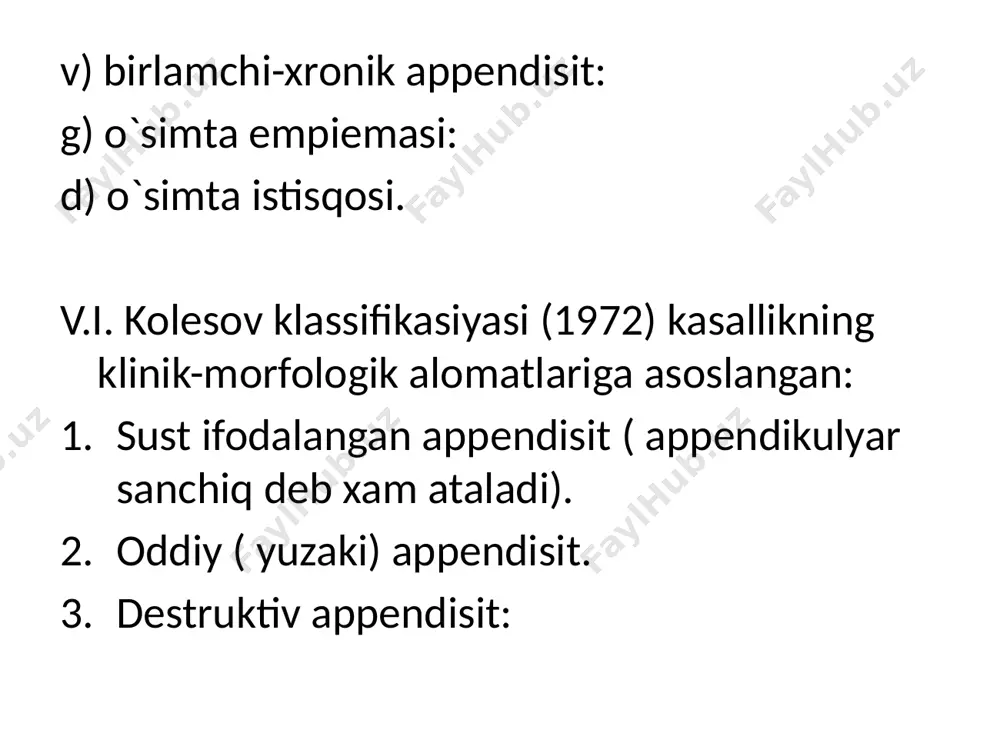 ib bog`lanadi. ileosekal burchak qorin bo`shlig`ga tushiriladi, qorin bo`shlig`i gemostaz maqsadida tekshirilgandan so`g operasiya jaroxati qavatma-qavat tikib yopiladi. қорин олд-ён девори соҳалари i. эпигастрал: 1. ўнг қовурға ости 2. хусусий эпигастрал 3. чап қовурға ости ii. мезогастрал: 4. ўнг ён 5. киндик атрофи 6. чап ён iii. гипогастрал: 7. ўнг ёнбош-чов 8. қов усти 9. чап ёнбош-чов ть ооть т51 22 чувалчангсимон ўсимта асоси тасвири мак-бурне нуқтаси ланц нуқтаси image1.jpeg image2.png image3.png /docprops/thumbnail.jpeg