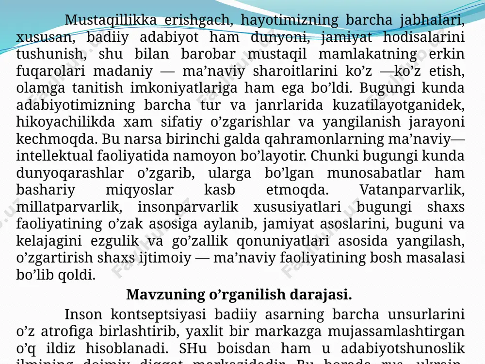 qin xususiyatlari ham o’zgarib boradi. insonning ijtimoiy voqelikka bo’lgan munosabati ham zamonlar o’tishi bilan o’zgaradi. shu ma’noda, mustaqillik davri o’zbek adabiyoti, xususan, hikoyachiligida shaxsning ma’naviy — intellektual dunyosini davr, jamiyat va ijtimoiy voqelik bilan vobasta o’rganishni hayotning o’zi taqozo etayotir. do’stmuhammedov x. hozirgi o’zbek hikoyachiligida badiiy tafakkurning yangilanish: — t.: 1995, —b. 28; bmi ishining ilmiy-tadqiqot rejalari bilan bog’liqligi. tadqiqot mavzui o’zr fa alisher navoiy nomidagi til va adabiyot instituti adabiyot nazariyasi bo’limining ilmiy ishlar rejasi bilan aloqador bo’lib, ish natijalaridan iii jildlik adabiyot nazariyasi fundamental tadqiqotini yaratishda foydalaniladi. bmining maqsadi. ishda ko’zda tutilgan asosiy maqsad hozirgi davr o’zbek hikoyalarida o’z aksini topayotgan inson kontseptsiyasi va shaxs badiiy talqinining g’oyaviy — estetik mohiyatini o’rganish va uning ilmiy — nazariy asoslarini yoritishdan iborat. bmining vazifalari. yuqoridagi maqsadni yuzaga chiqarish uchun quyidagi vazifalar amalga oshiriddi: qahramonlarning ma’naviy — axloqiy qiyofasini yoritish barobarida badiiy idrok va ifoda yo’sinlarini tahlil qilish, nazariy jihatdan umumlashtirish; …