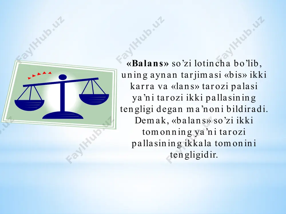 q muddatli aktivlar 1-bo’lim xususiy kapital 2-bo’lim majburiyatlar 2-bo’lim joriy aktivlar buxgalteriya balansi ko’rsatkichlar nomi satr kodi hisobot davri boshiga hisobot davri oxiriga ko’rsatkichlar nomi satr kodi hisobot davri boshiga hisobot davri oxiriga aktiv passiv 1. uzoq muddatli aktivlar 1. o’z mablag’lari manbalari balans moddalari balans moddalari: 1-bo’lim jami: 2-bo’lim jami 2. joriy aktivlar 2.majburiyatlar balans moddalari balans moddalari 2-bo’lim jami: 2-bo’lim jami: balans aktivi bo’yicha jami balans passivi bo’yicha jami маblag’lar (aktiv) uzoq muddatli aktivlar jоriy (mablag’lar) aktivlar pul mablag’lari kapital qo’yilmalar uzoq muddatli moliyaviy qo’yilmalar nomoddiy aktivlar debitorlik qarzlari asosiy vositalar ishlab chiqrish zaxiralari qisqa muddatli moliyaviy qo’yilmalar mablag’lar manbalari (passiv) ustav kapitali qisqa muddatli qarzlar kelgusi xarajatlar va to’lovlar uchun zaxiralar rezerv kapital uzoq muddatli qarzlar o’z mablag’lari manbalari majburiyatlar qo’shilgan kapital sotib olingan xususiy aktsiyalar таqsimlanmagan foyda maqsadli tushumlar xo’jalik muomalalari ta’sirida balansda sodir bo’ladigan o’zgarishlar 1 va 2-tipdagi o’zgarishlar oldingi balans summasini hech qachon o’zgartirmaydi …