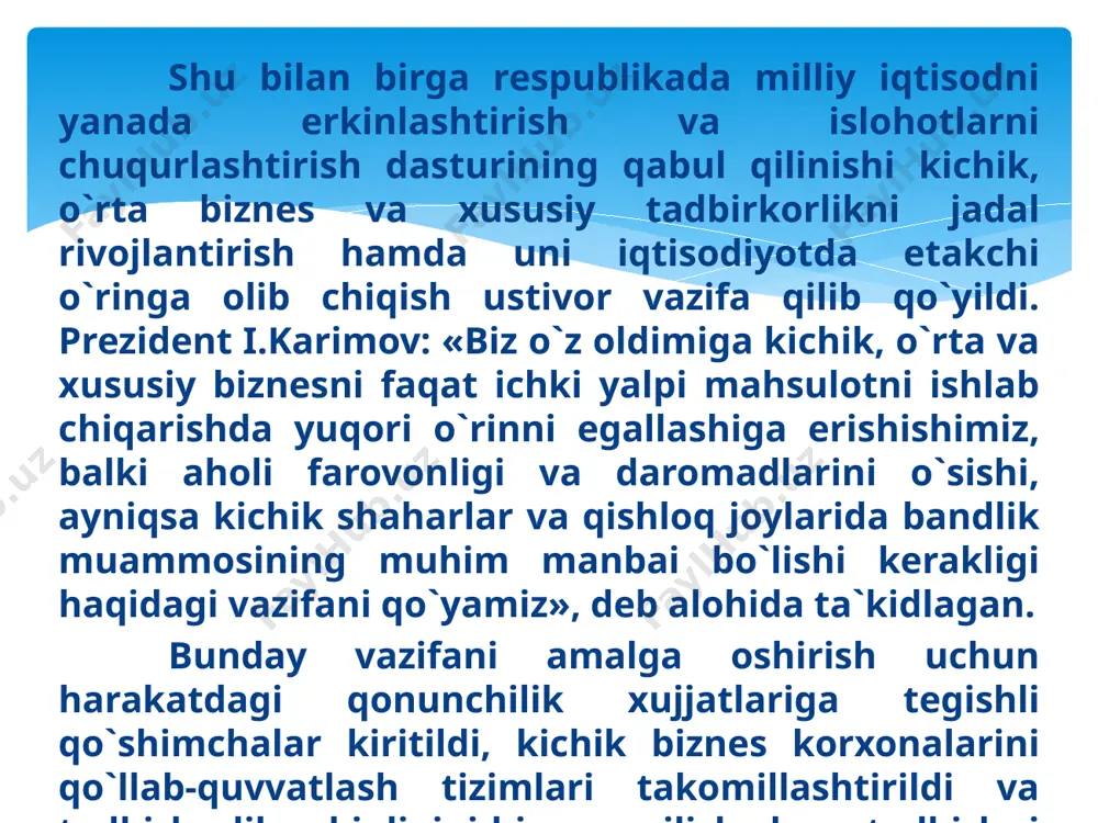 i. ular qatoriga imtiyozli soliqlar, huquqiy kafolatlar, resurslar bozoriga kirishni osonlashtirish, marketing, axborotlar xizmatlarini ko`rsatish, mahsulotlarni to`siqlarsiz bozorlarga chiqarish, imtiyozli kreditlar olish va boshqalar kiradi. shular bilan birga kichik korxonalarni rag`batlantiruvchi asosiy mexanizm talab va taklif hisoblanadi. shu nuqtai nazardan, taklif va talab muvozanatini tahlil qilish, korxonalarning faoliyat ko`rsatish mexanizmini aniqroq tasvirlab beradi. bozor iqtisodiyoti sharoitida talab va taklif kichik va o`rta biznes korxonalarini samarali faoliyat olib borishga undaydigan mexanizm sifatida namoyon bo`ldi. agarda korxonalar ishlab chiqarayotgan mahsulotlar bozor talablariga to`liq- javob bersa, demak korxonaning ushbu mahsulotlarni sotishdan oladigan daromadlari o`sib boradi va korxona qo`shimcha kengayish imkoniyatlariga ega bo`ladi. ikkinchi tomondan, tovarlarning narxi ishlab chiqaruvchilarga bozorda bo`ladigan o`zgarishlar to`g`risida signal bo`lib xizmat qiladi. tovarlarning bozordagi narxlari oshishi bilan ishlab chiqaruvchilarga raqobat paydo bo`ladi va ular bozorga ko`plab mahsulotlar chiqara boshlaydilar. shularni hisobga olib kichik va o`rta biznes korxonalari faoliyati ko`rsatkichlarini ekonometrik modellashtirishning uslubiy asoslari tadqiq qilinadi va ular rivojlanishining modellari …