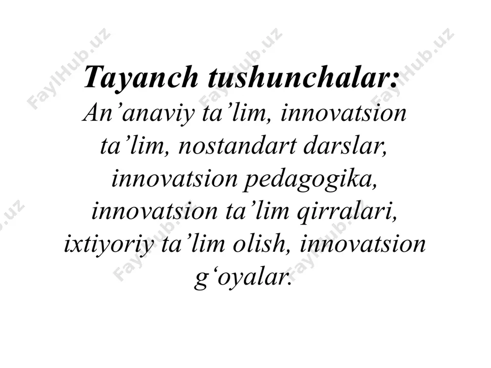 ik ko‘rinishlarini - rivojlantirish vositasi hisoblanadi. v.f.shatalov darsda tayanch signallaridan unumli foydalanadi. ilgarilab ketish g‘oyasi. bu g‘oya s.n.lisenkova, v.f.shatalov va boshqa o‘qituvchilarda yaxshi hal etilgan. an’anaviy tarzda o‘qituvchi darsda o‘tgan darsni kaygarib, yangisini bayon etar ekan, u faqat “kechagi” va “bugungi”ni bilar edi. hozirgi zamon darsida ilgor o‘qituvchilar, masalan, s.n.lisenkova misolida, darsning ma’lum vaqtini keyinchalik o‘qitilgan materialni o‘zlashtirishga ajratadi. erkin tanlash g‘oyasi. o‘quvchilar ijodiy fikrlashni rivojlantirishning eng oddiy yo‘li hisoblanadi. erkin tanlash maktab o‘quvchilari shaxsidagi ayrim sifatlar notekis rivojlanshshning oldini olish imkoniyatlarini beradi. erkin tanlash g‘oyasiga misol: v.f.shatalov o‘quvchilar ixtiyoriga juda ko‘plab misollar beradi va bolalar o‘z ixtiyorlari bilan xohlagan misolni tanlab oladi. s.n.lisenkovada o‘qituvchi doskaga qanday qiyin so‘zlar yozishini bolalarning o‘zlari tanlaydi. i.p.vojov o‘quvchilarga faqat mavzu beradi, o‘quvchilar esa qanday materialdan nima tayyorlash mumkinligini aytadilar. yirik bloklar g‘oyasi. tajriba shuni ko‘rsatyaptiki, agar materiallar yiriklashtirilib, yagona blokka birlashtirilsa, o‘quvchiga tushadigan og‘irlikni keskin kamaytirish hisobiga o‘rganiladigan material hajmini ko‘paytirish imkoniyati yuzaga …