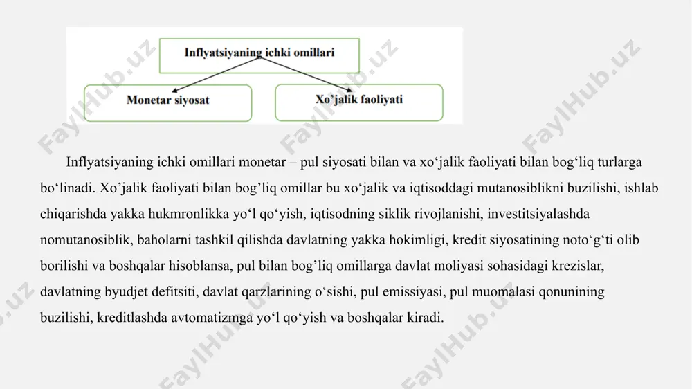 giga, iqtisodiyotda ro`y berayotgan jarayonlar tahlilini yoritishga alohida e`tibor qaratmoqda inflyatsiyani amaliyotda ifodalashda keng qo`llaniladigan ko`rsatkich iste`mol narxlari indeksi (ini) hisoblanadi. 2018 yildan boshlab o`zbekiston respublikasi davlat statistika qo`mitasi iste`mol narxlari indeksini hisoblashda o`zgarmas vazn usulidan foydalanmoqda. iste`mol narxlari indeksi kundalik iste`mol tovar va xizmatlari narxlarini o`zida aks ettirgani sababli inflyatsiyani yaqqolroq namoyon etadi. mamlakatimizda 2018 yilning birinchi yarim yilligida nisbatan yuqori inflyatsion bosim kuzatildi, bu asosan aprel’-may oylarida yoqilg’i-energetika mahsulotlari narxlarining oshirilishi, o`tgan yilga nisbatan ob-havoning nisbatan qurg’oqchil kelishi va o`tgan yillarda inflyatsiya bazasining pastligi bilan izohlanadi xususan, press-relizlar, sharhlar, axborot-tahliliy ma`lumotlar, prognozlar, interv’yu va bayonotlar orqali markaziy bank qabul qilgan qarorlariga tushuntirishlar berib boradi hamda iqtisodiyotdagi holat va inflyatsion jarayonlarning rivojlanishiga o`z nuqtai nazarini bildiradi, bu esa aholi va korxonalarning kutilmalarini oydinlashtirishga yordam beradi. shu bilan birga, kommunikatsiya kanallarining inflyatsion kutilmalarga ta`sirchanligini oshirish – olib borilayotgan pul- kredit siyosatiga bo`lgan ishonchni izchillik bilan mustahkamlab borish hamda aholi va …