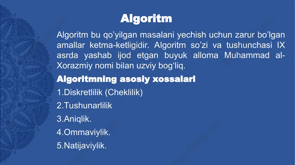 ga bo‘linadi: chiziqli, tarmoqlanuvchi va takrorlanuvchi. chiziqli algoritm deb, barcha ko’rsatmalari hech qanday shartsiz, faqat ketma-ket bajariladigan jarayonlarga aytiladi. chiziqli tuzilish bir chiziq bo’ylab joylashgan, ketma-ket bajariladigan kо’rsatma (buyruq)lar tо‘plami ko‘rinishida bo‘ladi va ular algoritmda qanday tartibda yozilgan bo’lsa, aynan shu tartibda bajariladi chiziqli algoritm * chiziqli algoritm sayyoh qishloqdan chiqib, shahar tomon jo‘nadi. u a kilometr piyoda yurganidan keyin avtobusga o‘tirdi va avtobusda t soatda shaharga yetib keldi. agar avtobus 60 km/soat tezlik bilan harakat qilgan bo‘lsa, a = 5 va t = 0,5 bo‘lganda, qishloq bilan shahar orasidagi s masofani hisoblash algoritmini tuzing. * shunday hisoblash jarayonlari borki, unda qo‘yilgan ayrim mantiqiy shartlarning bajarilishiga ko‘ra jarayonlar bir necha tarmoqqa bo‘linadi hamda ulardan hech bo‘lmaganda bittasi bajariladi. bunday jarayonlar bajarilishi uchun tarmoqlanuvchi algoritmlar tuziladi. agar hisoblash jarayoni qandaydir berilgan shartning bajarilishiga qarab turli tarmoqlar bo‘yicha davom ettirilsa va hisoblash jarayonida har bir tarmoq faqat bir marta bajarilsa, bunday hisoblash …