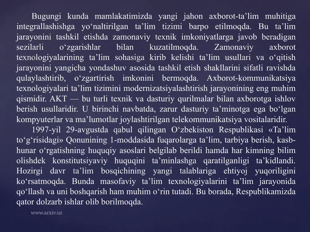 bo‘lib qolgan, u shuningdek, malaka oshirish kurslarini tashkil etishda ham o‘z o‘rnini topgan, ba’zi korporatsiyalarda bo‘linmalar mavjud bo‘lib, ularning vazifasi xizmatchilar uchun elektron kurslar tashkil etishdir. www.arxiv.uz masofaviy ta’lim texnologiyalari — masofaviy ta’lim bu e-learningga qaraganda kengroq tushunchadir, u interfaol mustaqil ta’limning va qo‘llab-quvvatlashning intensiv maslahat sintezi hisoblanadi. shunday qilib, elektron ta’lim masofaviy ta’limning bir bo‘lagi hisoblanadi. masofaviy ta’lim asosiy o‘quv materialini o‘quvchilarga yetkazib berish va o‘quv jarayonida o‘quvchi va o‘qituvchi orasida interfaol ishlashni ta’minlaydi. bunda qo‘llanmalarni yetkazib berish kompyuter va internetsiz ham amalga oshirilishi mumkin. masofaviy ta’limning afzalliklari masofaviy texnologiyalardan foydalangan holda o‘qitishning juda ko‘p ijobiy tomonlari mavjud. www.arxiv.uz yashash joyidan turib, o‘qish imkoniyati — chekka qishloqlarda yashovchilarda katta shaharlarga borib, universitetga kirib-o‘qish imkoniyati har doim ham bo‘lavermaydi. masofaviy ta’lim texnologiyalari ularga o‘z shahridan ketmasdan turib, o‘qish imkoniyatini yaratib beradi. o‘qish va ishni birga qo‘shib olib borish — o‘quvchilar ishdan ajralmagan holda ta’lim olish imkoniga ega bo‘ladilar, bu, ayniqsa, …