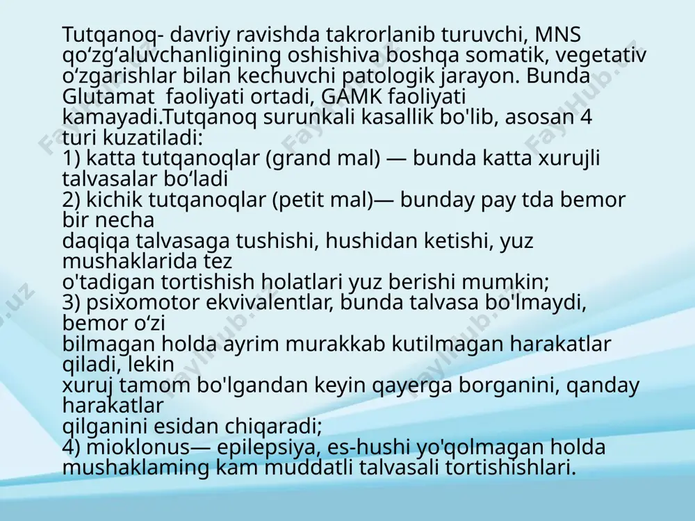 aydi miyada gamk ortiradi, ach kamaytiradi. noxush holatlar: 1- haftalarida uyquchanlik, muskullarning boʻshashishi, keyinchalik bu asoratlar yoʻqoladi, ba'zida terida toshmalar, jigarda, buyrakda oʻzgarishlar, gapirish qqiyinlashadi. geksamidin kimyoviy jihatdan fenobarbitolga oʻxshash,uxlatish xususiyatiga ega emas. geksamidin 20% fenobarbitolga aylanadi- katta tutqanoqda qoʻllaniladi, kichik tutqanoqqa tasir koʻrsatmaydi, bolalarda kichik talvasali xurujlarni tez. nojoʻya ta'sirlari: bosh ogʻrigʻi koʻngil aynishi, qusish koʻrishning oʻzgarishi ruhiy oʻzgarishlar leykopeniya qoʻllash mumkin boʻlmagan holatlar: jigar, buyrak, qon kasallilarida benzonal fenobarbitol molekulasini oʻzg modda, tez metabolizm- fenobarbitol. uxlatuvchi xususiyati kamroq, tutqanoqning har xil turlarida qoʻllaniladi qoʻllaniladi: giperbilirubinemiya, chaqaloqda gemolitik anemiya davolashda qollaniladi nojoʻya tasirlari: kamroq qoʻllash man etiladigan holatlar: jigar, buyrak kasallik, yurak qon tomir yetishmovchiligida difenin katta tutqanoqlarda qoʻllanadi giperkinezlar (tirishishni) kamaytiradi, natriy ionlari oʻtishiga toʻsqinlik qiladi glyukokortikoidlar hosil boʻlishini kamaytiradi oshqozon ichak shilliq qavatini ta'sirlash xususiyatiga ega nojoʻya ta'sirlari: oyoq qoʻllar qaltirashi koʻz ogʻrishi bezovtalik uyqusizlik yoki uyquchanlik milklar shishib ketishi leykositoz megablostik anemiya qoʻllash man etiladi: yuqoridagi …