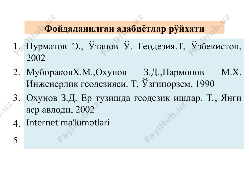 56,66 миля (111,82 км) натижа билан якунладилар ва ҳисоблашлар учун 111,82 км натижа олинди ҳоразмлик улуғ олим абу райҳон беруний (973 - 1048 йй.) ўз ҳаётида ёзган 150 та асаридан 40 тасини геодезия фанига бағишлаб, бой ва қимматли маълумотлар қолдирган. беруний ҳисоби бўйича еp радиуси 6339,58 км бўлиб, ҳозирги вақтда ишлатилаётган (красовский эллипсоиди) қиймат- 6371,11 км дан фарқи атига 31,5 км ни ташкил қилади. геодезия фани математика, астрономия, электроника, география, геоморфология гидрогеология ва бошқа фанлар билан чамбарчас боғлиқ. геодезик асбоблар назарий жиҳатдан физика қонунлари асосида ясалади, ўлчаш натижалари эса математик қоидалар бўйича ҳисобланади. ер сиртида нуқталар ўрни географик ва астрономик координаталар бўйича белгиланади. ер шакли ва унинг ўзгаришидаги жараёнларни ўрганишида геодезия ва геология каби фанлардан фойдаланилади. ҳозирги даврда геодезия фани механика, автоматика, информатика, электроника фанлар билан ҳам боғлиқ ҳолда тараққий этмоқда. геодезияўз тараққиётида янги маъно кашф этди, замонавий асбобларга, геодезик ўлчаш ва ҳисоблаш усулларига эга бўлди. бошқа кўп инженерлик фанлар …