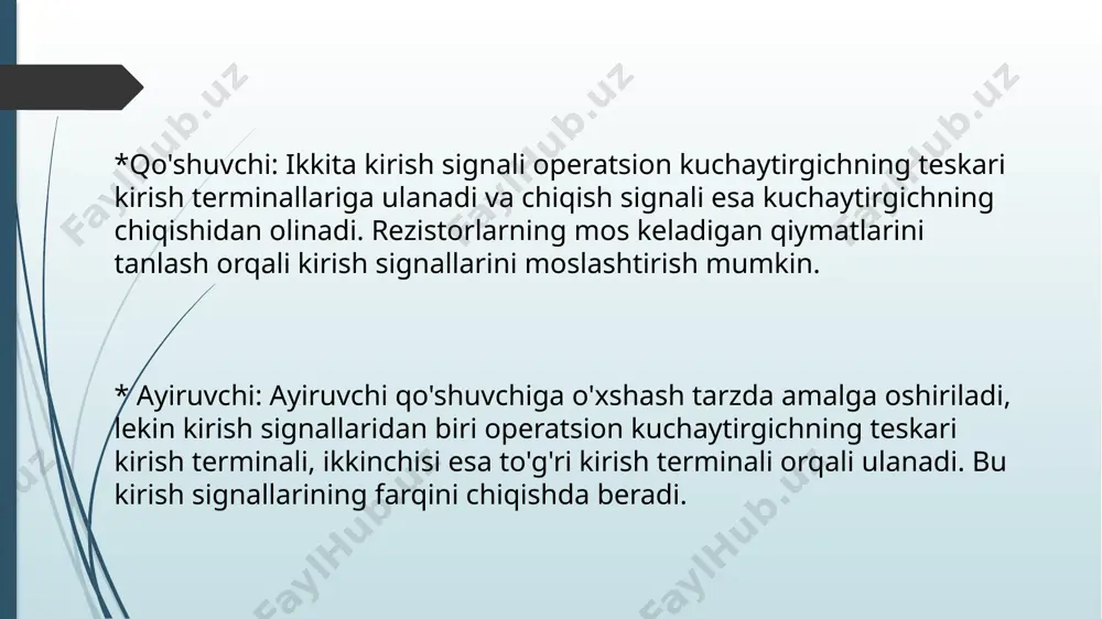 , bo'lish, qo'shish va ayirish mumkin. analog signallar bilan bunday operatsiyalarni bajarish ancha murakkabroq. * ko'paytirish va nusxalash osonligi: raqamli ma'lumotlarni nusxalash va ko'paytirish behisob marta amalga oshirilishi mumkin, sifatning pasayishi kuzatilmaydi. analog ma'lumotlarni nusxalash esa sifatning pasayishiga olib kelishi mumkin. uzoq muddatli saqlash: raqamli ma'lumotlar analog ma'lumotlarga qaraganda ancha uzoq muddat saqlanishi mumkin, sifat deyarli o'zgarmasdan saqlanadi. shunday qilib, raqamli yondashuvning afzalliklari uning aniqligi, shovqin ta'siriga chidamliligi, oson qayta ishlanishi va moslashuvchanligi tufayli zamonaviy texnologiyalarda keng qo'llanilishini ta'minlaydi. loyihalash jarayoni umumiy bosqichlari: 1. talablarni aniqlash: qo'shuvchi va ayiruvchining aniqligi, tezligi va ishlash shartlari kabi parametrlar aniqlanadi. 2. arxitektura tanlash: analog yoki raqamli yondashuv tanlanadi. 3. komponentlar tanlash: loyiha uchun kerakli komponentlar tanlanadi. 4. sxemaning tuzilishi: qo'shuvchi va ayiruvchining sxemasi chiziladi. 5. simulyasiya: sxemaning simulyasiyasi amalga oshiriladi va natijalar tahlil qilinadi. 6. prototipni yaratish: sxemaning prototipi yig'iladi va tekshiriladi. raqamli yondashuv zamonaviy elektronika va kompyuter texnologiyalarida keng qo'llaniladi, chunki yuqori …