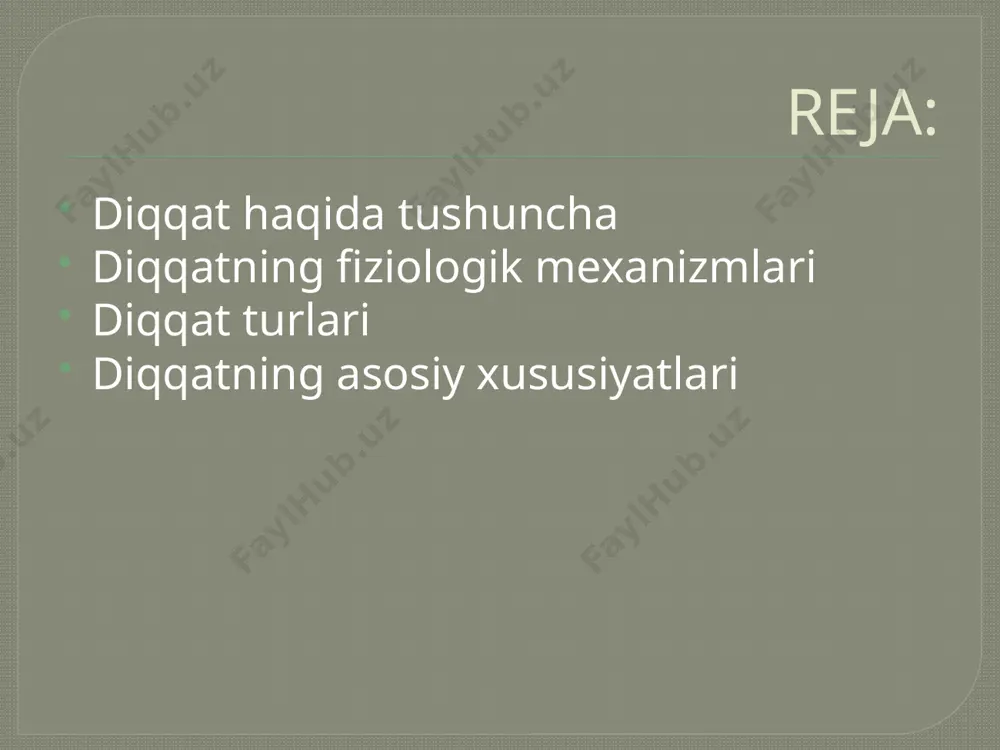 asosidir. 3.diqqatning turlari. psixologiyada ikki xil diqqat turi farq qiladi. ulardan biri ixtiyorsiz diqqat bo’lsa, ikkinchisi- ixtiyoriy diqqatdir. ixtiyorsiz diqqat deb to’satdan ta’sir qilgan biror sabab tufayli bizning xohishimizdan tashqari hosil bo’ladigan diqqatga aytiladi. ixtiyorsiz diqqat odamning har turli ehtiyojlari va qiziqishi bilan bevosita bog’liq bo’lgan diqqatdir. ixtiyorsiz diqqatning nerv-fiziologik asosini oriyentirovka yoki tekshirish refleksi tashkil qiladi. ixtiyoriy diqqat deb oldindan belgilangan qat’iy bir maqsad asosida va ongli ravishda diqqatimizni ma’lum narsa hamda hodisalarga qaratilishiga aytiladi. ixtiyoriy diqqatning nerv-fiziologik asosida miya yarim sharlarining po’stida vujulga keladigan optimal qo’zg’alish manbai bilan ikkinchi signallar sistemasining faoliyati yotadi. ixtiyoriy diqqatning yuzaga kelishida nutqning roli g’oyat kattadir. ixtiyoriy diqqat har doim ixtiyorsiz diqqat bilanalmashinib turadi. ixtiyoriy diqqat paytida odam tez charchaydi, chunki ixtiyoriy diqqat odamdan hamma vaqt iroda kuchini sarflashni talab etadi. diqqatning asosiy turlari ixtiyyoriy va ixtiyorsiz diqqatdir. image2.png /docprops/thumbnail.jpeg