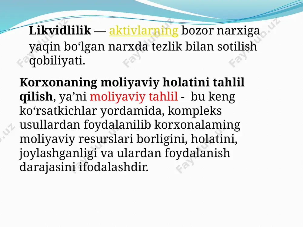ni korxonaning filiallari, sexlari tuzadi. “tozalash” usuliga ko‘ra balanslar balans “brutto” va balans “netto”ga ajratiladi. balans brutto -tartibga soluvchi moddalami o‘z ichiga oluvchi balansdir. balans netto - qiymatdan tartibga soluvchi moddalar summasi chegiriladi. mulkchilik shakllariga ko‘ra aks ettirish obyektiga ko‘ra - davlat, o‘z, aralash, qo‘shma korxonalar va jamoat tashkilotlari balanslari farqlanadi. - balanslar mustaqil va alohida balansga ajratiladi. o‘zbekiston respublikasidagi barcha korxonalar balans-netto tuzadi. buxgalteriya balansiga qo‘yiladigan asosiy talablar uning to‘g‘riligi, realligi, yaxlitligi, izchilligi tushunarliligidir. /docprops/thumbnail.jpeg