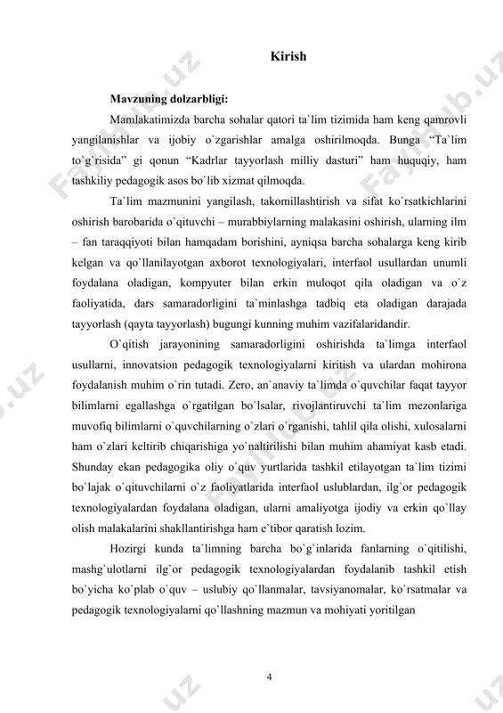 a m. abramova, d. soliyevalar tomonidan nashr qilingan umumta`lim maktablari 2 – sinfi uchun darslarni pedagogik texnologiyalar asosida tashkil etish bo`yicha chiqarilgan o`quv – metodik qo`llanmadan bo`lak alohida ilmiy – uslubiy, va tadqiqot ishlari qilinmagan. bu qo`llanma ham tavsiyanoma xarakterida bo`lib, dars jarayonida qo`llash mumkin bo`lgan ayrim texnologiyalarga tavsif berish bilan cheklangan. musiqa pedagogikasi va metodikasiga oid keyingi yillarda qilingan ilmiy – tadqiqot ishlarini ko`zdan kechirish va tahlil qilish shuni ko`rsatdiki, musiqa darslarini ilg`or pedagogik texnologiyalar asosida tashkil qilish muammosi maxsus ilmiy tadqiqot mavzusi sifatida o`rganilmagan. bu esa bizning magistrlik dissertatsiyamiz mavzusini “musiqa madaniyati darslari samaradorligini oshirishda interfaol uslublardan foydalanish” nomlanishida tanlashimizga sabab bo`ldi. tanlangan mavzu muammosini aynan musiqa ta`limi bo`yicha maxsus tadqiq qilinmaganligi uning dolzarblik kasb etishini belgilaydi. tadqiqotning maqsadi: umumta`lim maktablarida “musiqa madaniyati” darslarini interfaol uslublardan foydalangan holda tashkil etishning pedagogik shart – sharoitlarini o`rganish va ilmiy – metodik tavsiyalar ishlab chiqish. tadqiqot vazifalari: · umumta`lim maktablarida musiqa …