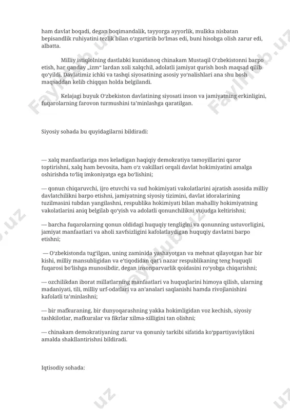 ikkinchi chaqiriq o‘zbekiston respublikasi oliy kengashining navbatdan tashqari to‘qqizinchi sessiyasida (1992- yil 4- yanvarda) so‘zlagan dasturiy nutqida hamda 1992- yil avgust oyida nashr etilgan „o‘zbekistonning o‘z istiqlol va taraqqiyot yo‘li“ asarida o‘zbekistonning taraqqiyot yo‘lini har tomonlama puxta asoslab berdi. o‘z yo‘limiz qanday shart-sharoit va zaminlarga tayanadi? o‘zbekiston yo‘li, birinchidan, bozor iqtisodiyoti asosida taraqqiy topgan davlatlarning tajribasiga tayangan holda ishlab chiqildi. bu biron-bir taraqqiyot yo‘lini ko‘r-ko‘rona ko‘chirib olishni emas, balki boshqa davlatlar taraqqiyoti jarayonida to‘plangan va bizning mamlakatimiz sharoitiga tatbiq qilsa bo‘ladigan barcha ijobiy va maqbul tajribalardan foydalanish, degan ma’noni bildiradi. ikkinchidan, soxta inqilobiy sakrashlarsiz, ijtimoiy larzalarsiz, evolutsion yo‘l bilan madaniyatli taraqqiyotga o‘tish — tanlab olingan yo‘lning asosiy mazmuni va mohiyatidir. uchinchidan, o‘zbekiston yo‘li o‘zbek xalqining milliy xususiyatlari, davlatchilik tajribasi, ma’naviy qadriyatlari, sharq madaniyatiga mansublik, ijtimoiy hamkorlik, vatanparvarlik, millatlararo totuvlik kabi fazilatlarga mos ravishda belgilandi. to‘rtinchidan, o‘z yo‘limizni belgilashda islom dini, uning jamiyat ma’naviy hayotidagi o‘rni, musulmon davlatlari bilan o‘zaro aloqalarni …