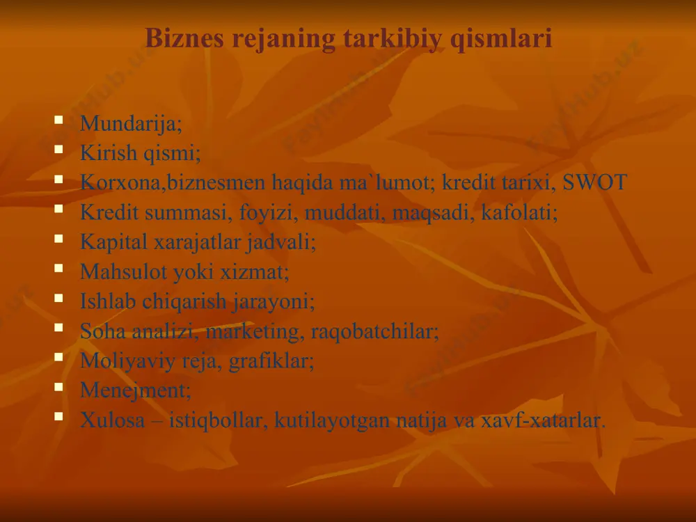 h. to’siqlar elektr energiyasi doimiy yetkazib berilmasligi. hom ashyoni oshib ketishi. raqobatchilar ko’payib ketishi. biznes uchun kerakli capital № nomi миқдори summasi o’z xisobidan kredit xisobidan 1 чок машина 4 та 1 200 000 x 4 800 000 2 авирлок 1 та 8 000 00 800 000 3 материал 250(1м/п) 7 000 1 750 000 4 дазмол 1 та 2 500 00 250 000 5 зикзак техника 1 та 1 000 000 1 000 000 х 6 прес техникаси 1 та 1 000 000 1 000 000 х 7 қўшимча х/т 4500 жами 2.000 8.000 tomonidan ishlab chiqriladigan turli xildagi ustki kiyimlarni joylashgan chakana va ulgurji savdo do’konlariga yetkazib beriladi. hizmat ko’rsatish kanali. 1.ulgurji savdo orqali 60% 2.buyurtma 30% 3.chakana savdo orqali 10% ishlab chiqarish rejalashtirilayotgan joyning joylashuvi ishlab chiqarish jarayonini asoslash: а. materialni bichish маxsus texnologiya asosida b. materialni overlog qilish маxsus texnologiya asosida c. tikish va tikish turlari …